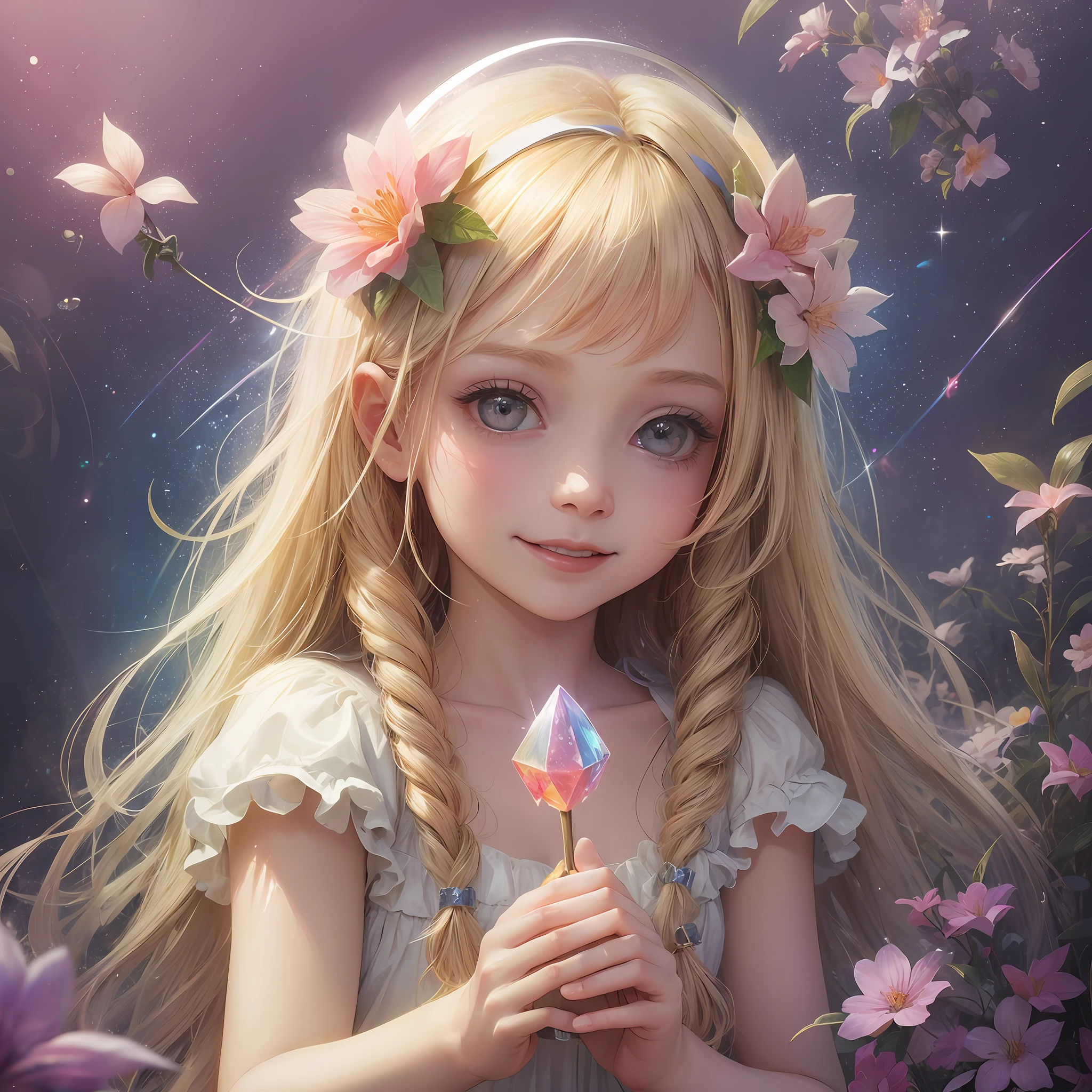 baby, angel, glitter, cheerful smile, rainbow, light, flower garden, halo -, holding crystal in hand -auto --s2