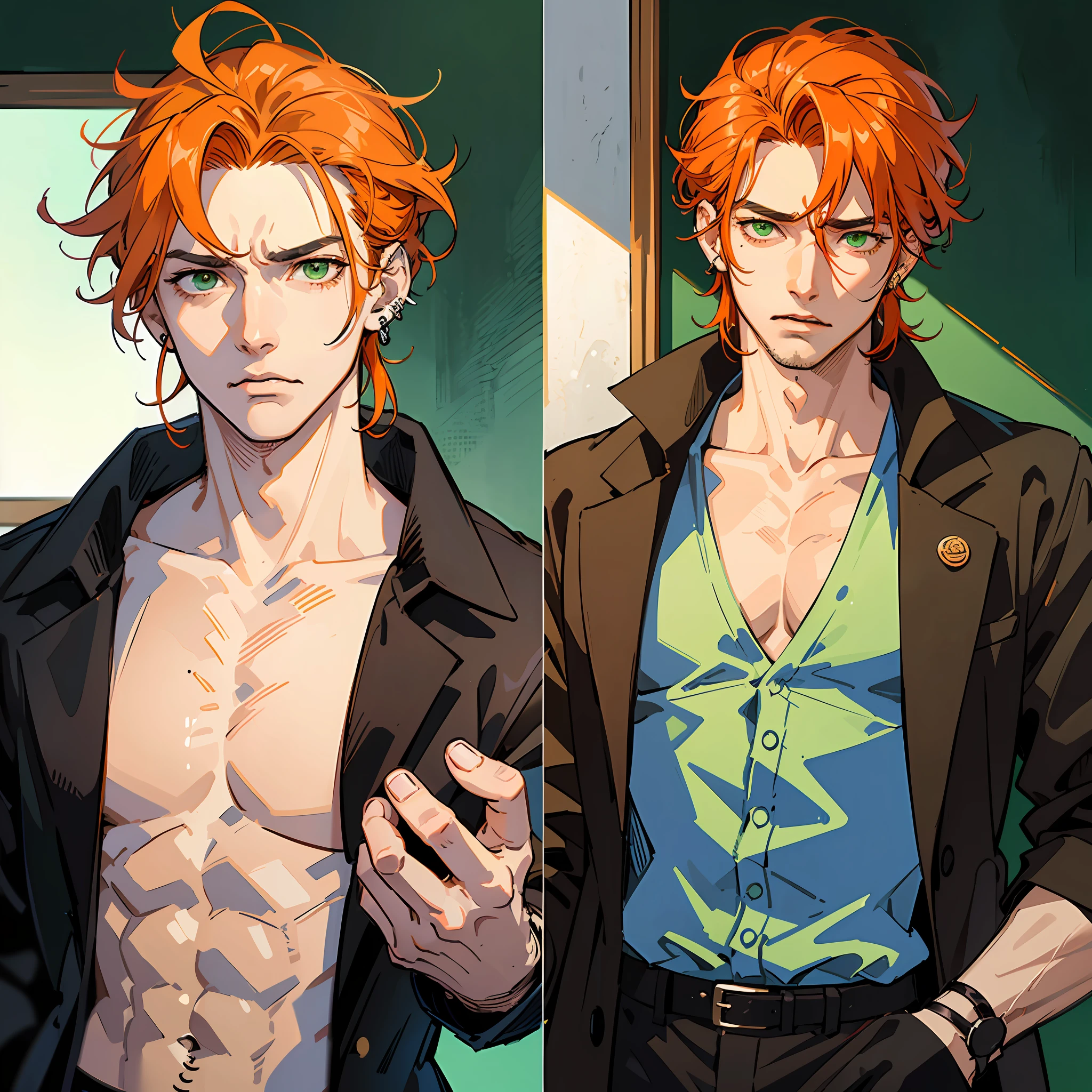 highest quality, masterpiece, 1 male, handsome, male, adult male, older guy, broad shoulders, tall height((big hair)), looking at the viewer ((green eyes)), ((orange hair, hair tied), standing, piercings, older face, adult, anime version, clothing with black coat, tall man, anime, clothing with black color coat,showing the whole character, only one character,  just one person, angry expression --auto --s2