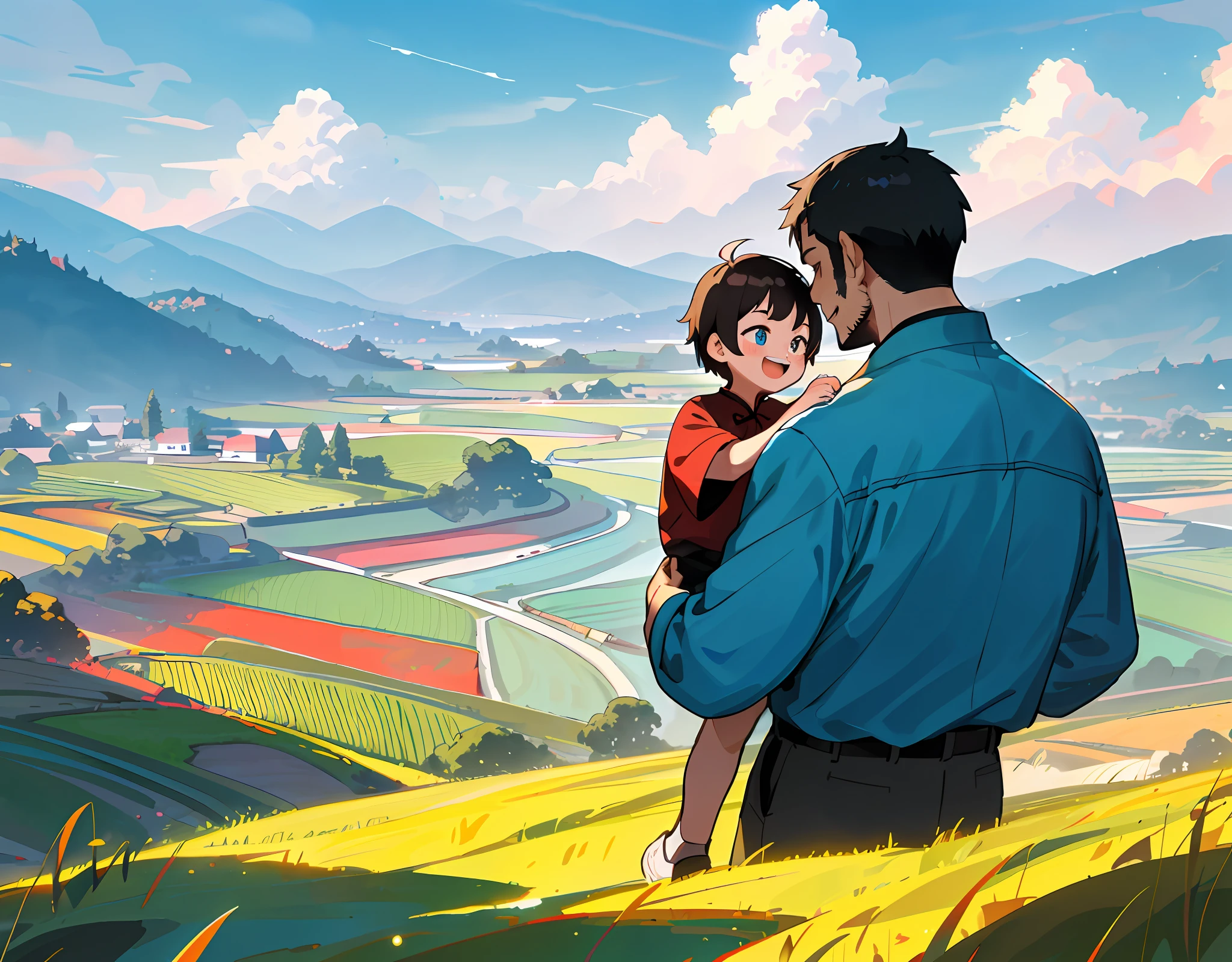 Make illustration poster, Chinese illustration, flat illustration, (((Father's Day))), Asian, brunette hair, (((father and son))), father smile, (stubble), father and child, back, (short hair), clear facial features, happy smile on face, outdoors, mountains, countryside, rice fields, creekside, sunny, blue sky and white clouds, grass, walking on country paths, (vista) colorful, highly saturated, contour light, warm and bright, colorful, HD 8K, colored light particles, heterochromatic, (color: 1.5) , --v6