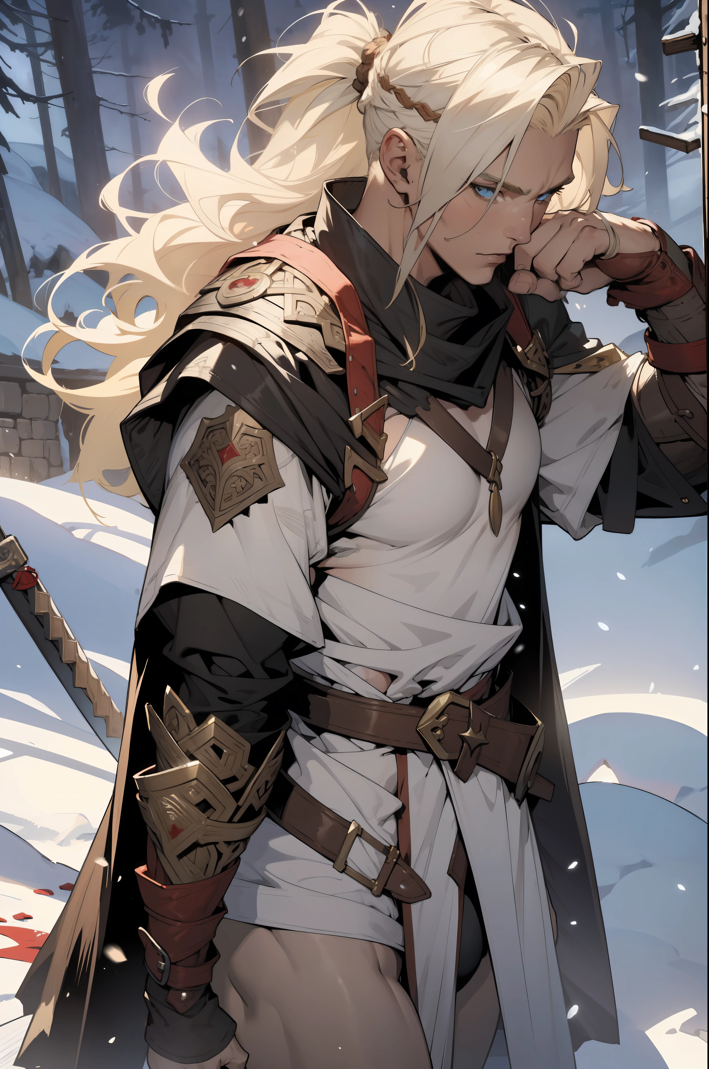 ((Simon Bisley)), Beautiful full-bodied woman, 30 years old, muscular and perfect body, blonde Viking warrior with little clothing, tiny thong, polar bear skin as cape, large breasts, generous neckline, holding a blood-stained sword, brave face, dark kingdom, sexy pose, walking in a Viking village in the snow