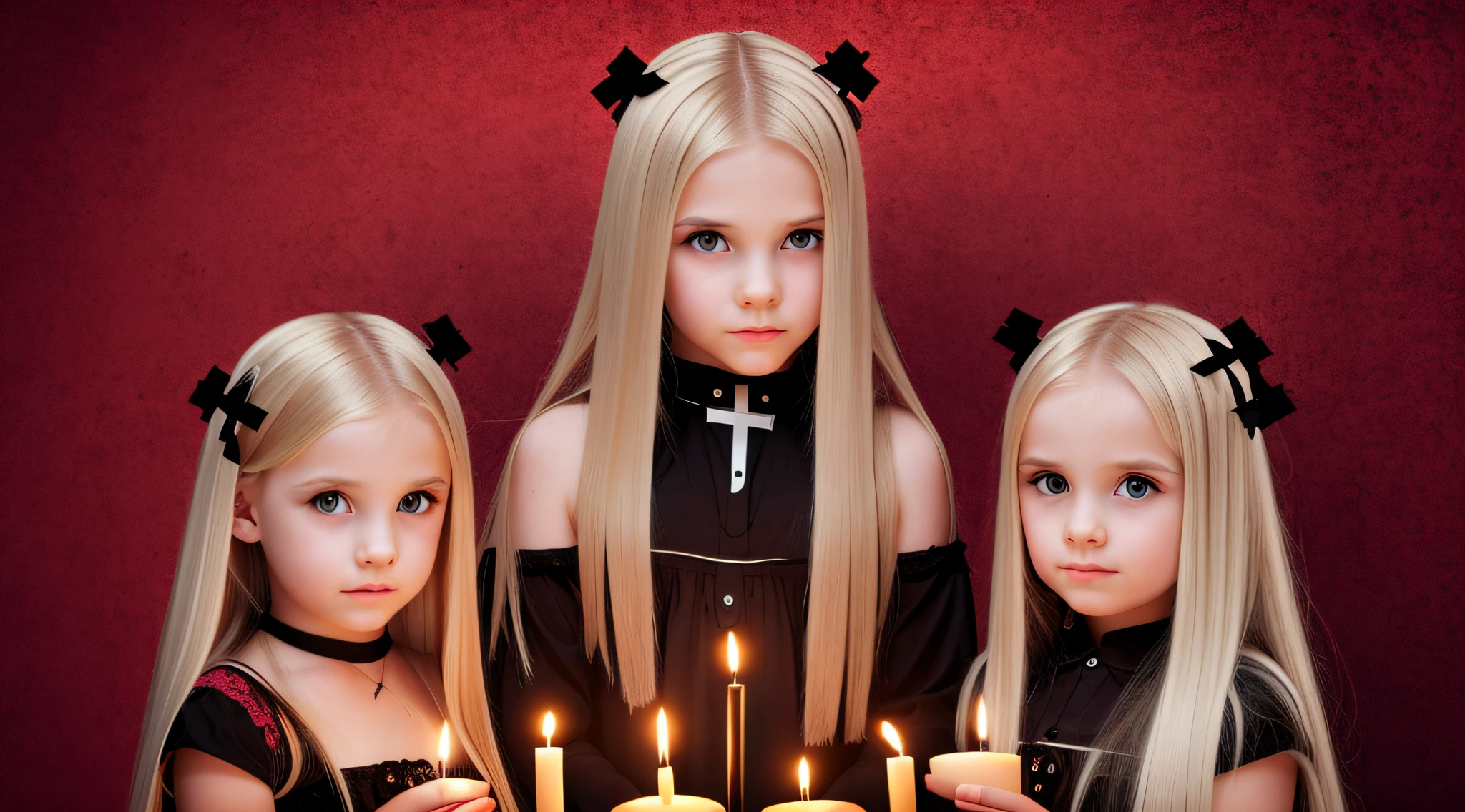 GIRLS CHILDREN, BACKGROUND WITH CROSSES, BLONDES WITH VERY LONG STRAIGHT HAIR GOTHS, WITH FIRE CANDLES. RED BACKGROUND.