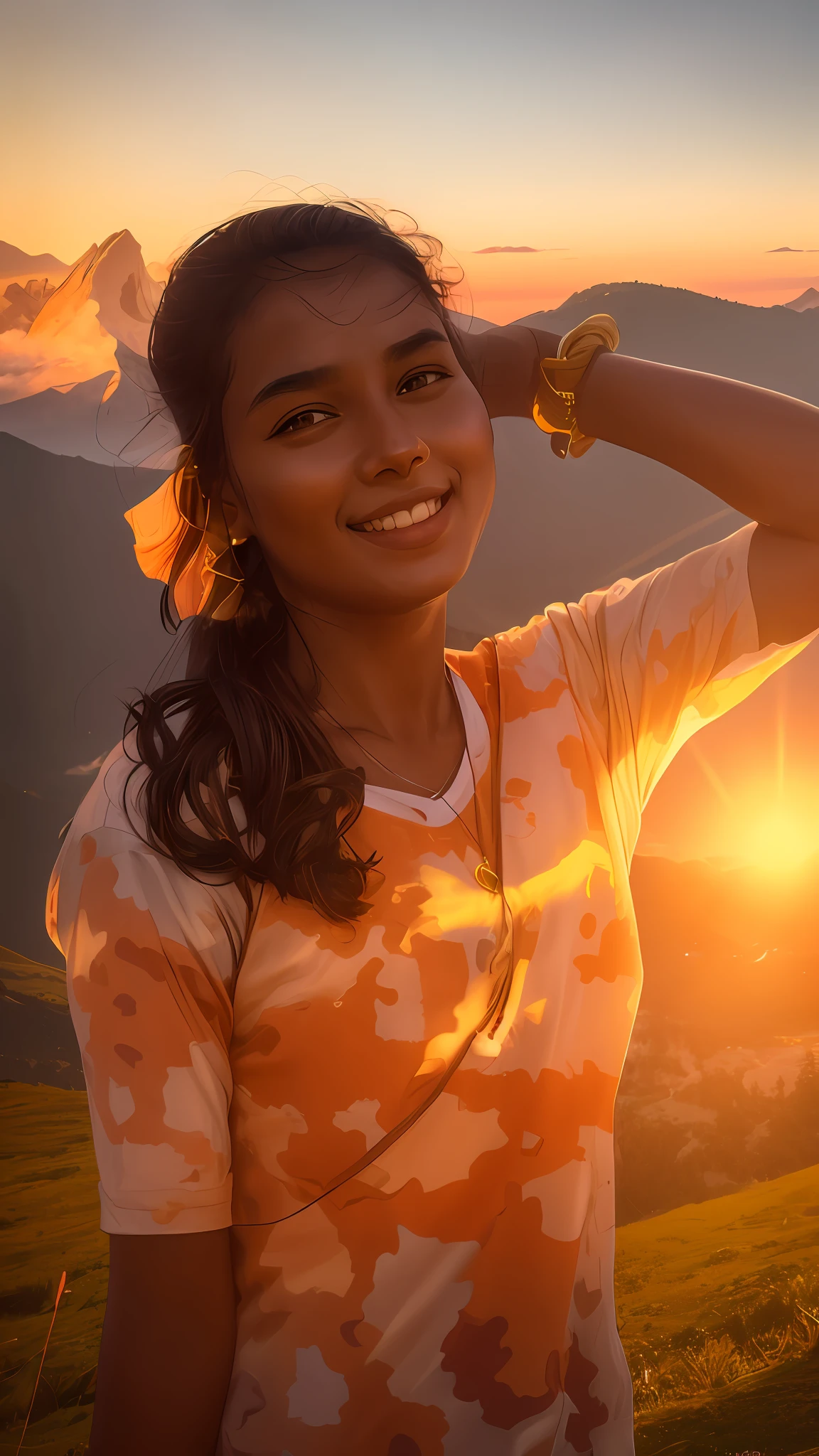 there is a young girl standing in a field with a kite, nivanh chanthara, around 1 , with mountains in the background, with mountains in background, with a beautifull smile, photo of the girl, photo taken in 2 0 2 0, during sunset, indian girl with brown skin, with mountains as background, in mountains