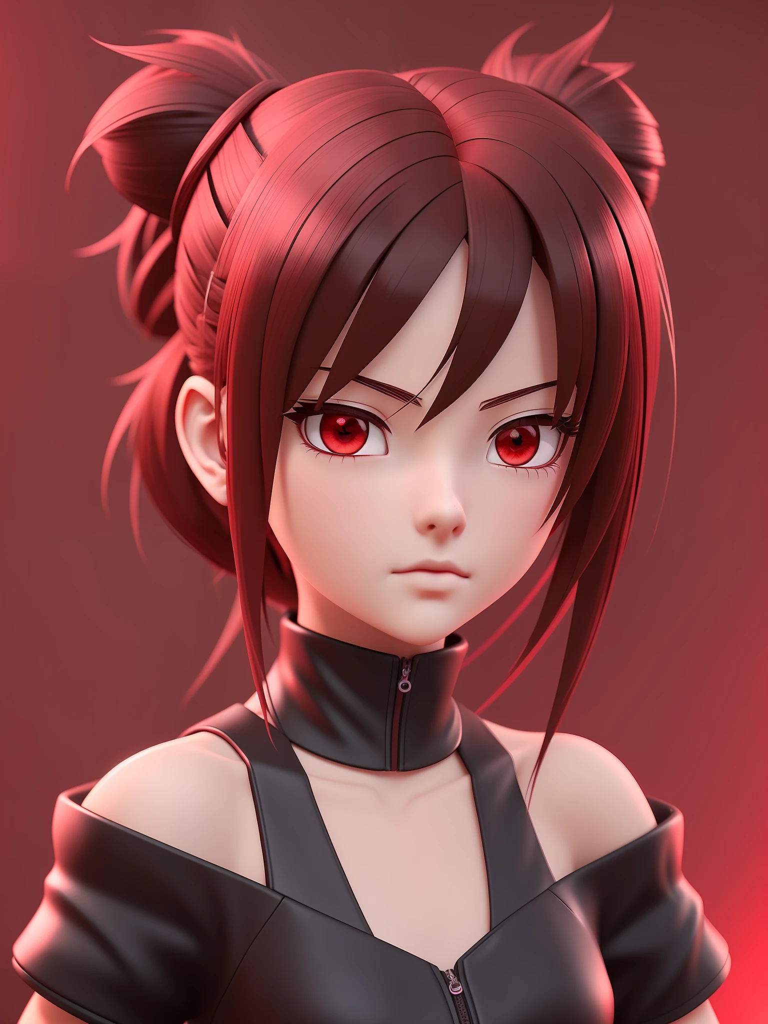 Young girl, a cartoon character dark red outfit, ((cold expression and tired eyes)), ((hair up to shoulder)), (red eyes), stylized character, animation character, stylized 3d render, 3d character, highly detailed character, stylized anime, stylized 3d, render character, character model, closeup, (maximum quality)
