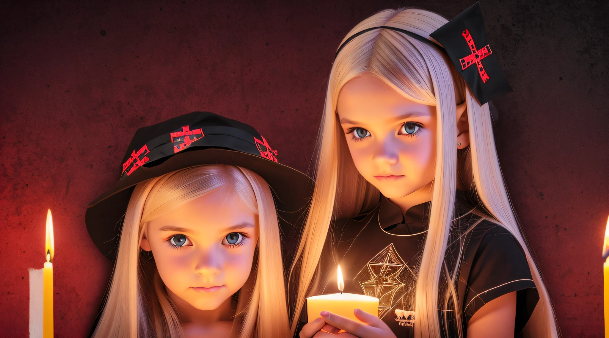 GIRLS CHILDREN, BACKGROUND WITH CROSSES, BLONDES WITH VERY LONG STRAIGHT HAIR GOTHS, WITH FIRE CANDLES. RED BACKGROUND.