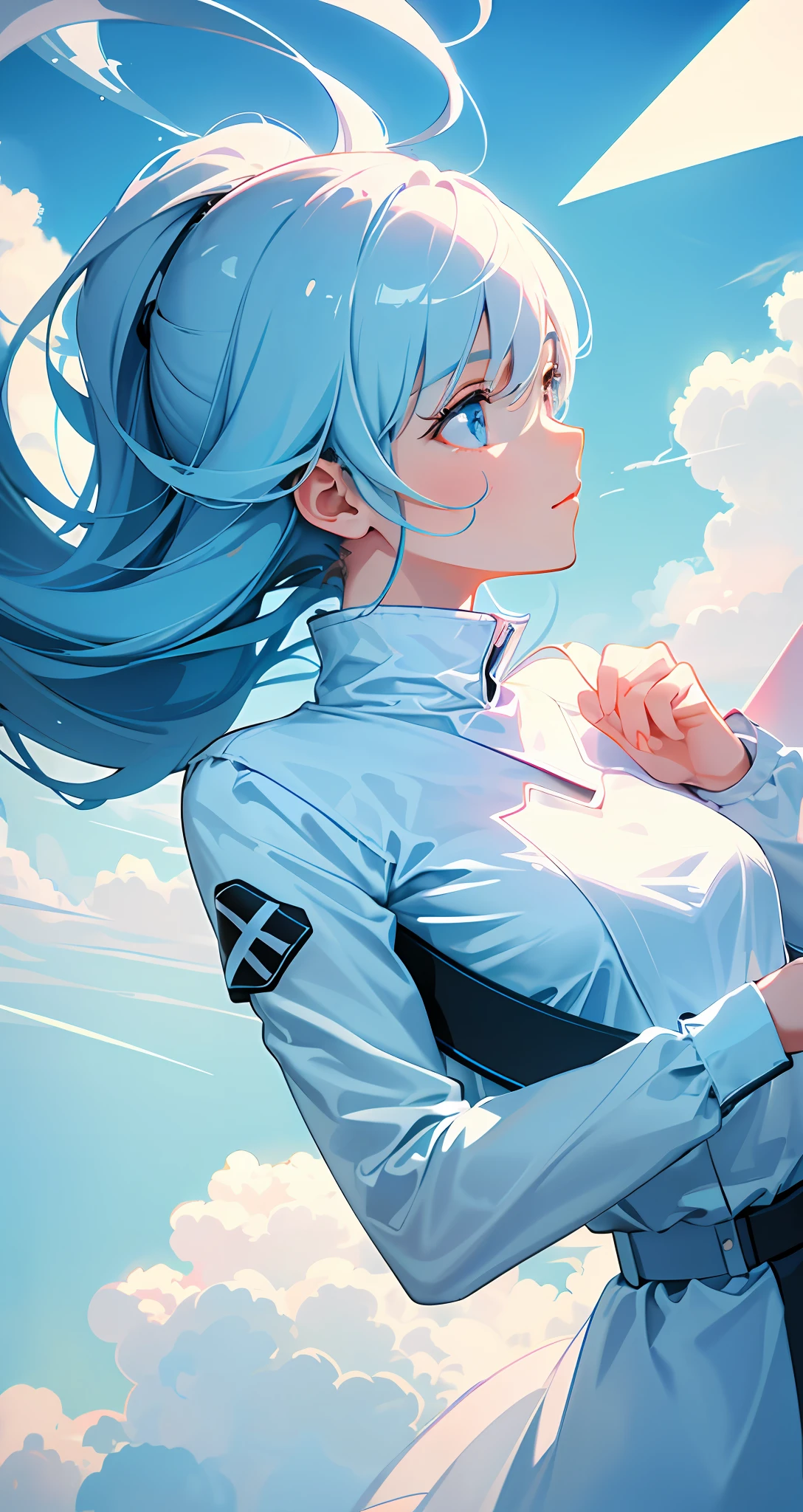 masterpiece, best quality, movie still, 1girl, floating in the sky, cloud girl, cloud, (close-up:1.1), bright, happy, fun, soft lighting, (Bauhaus, shapes, lines, abstract:1.1)