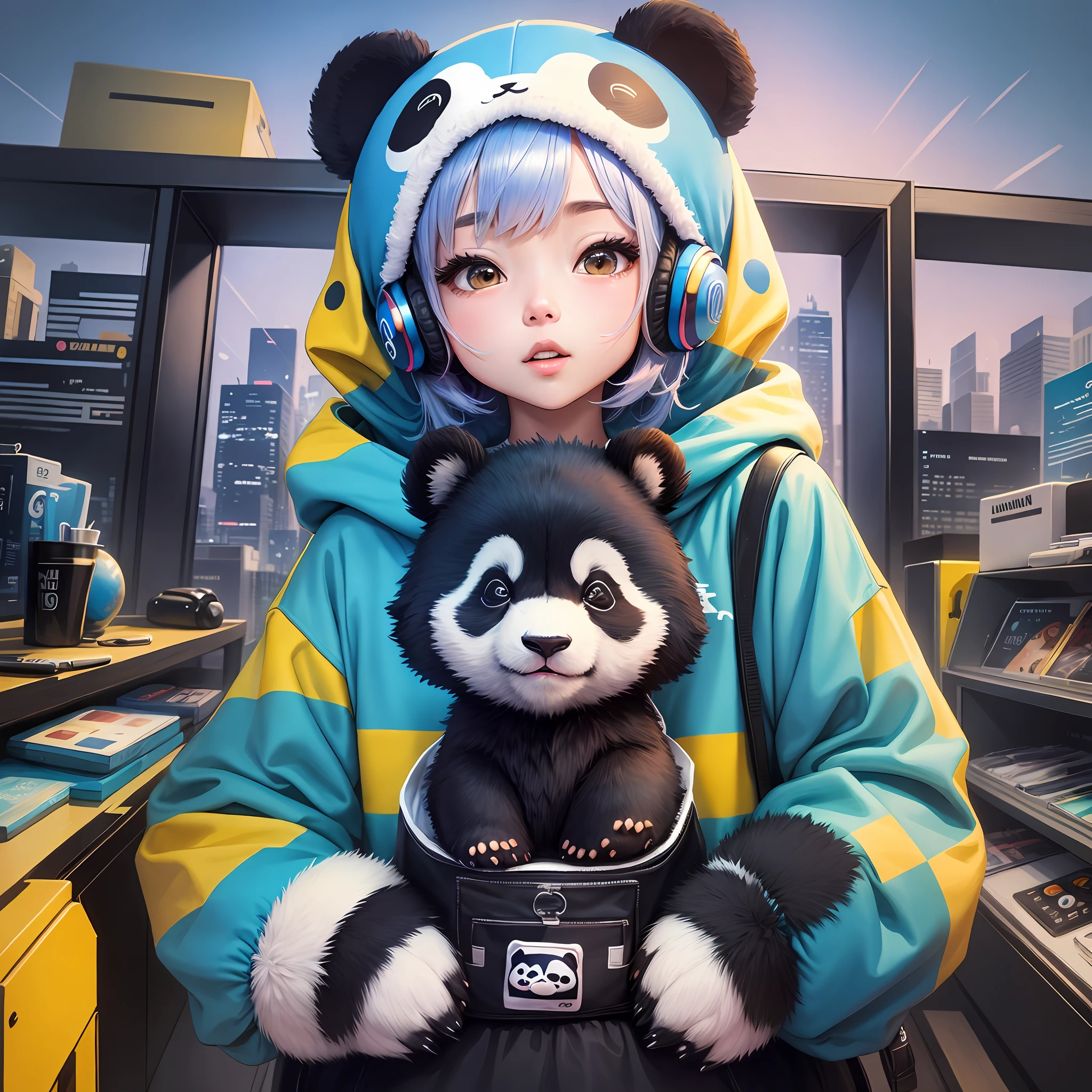 panda wearing blue sweatshirt and headphonechibi style, cartoon, (cozy art), pastel colors, black outline, high quality, highly detailed, yellow, blue