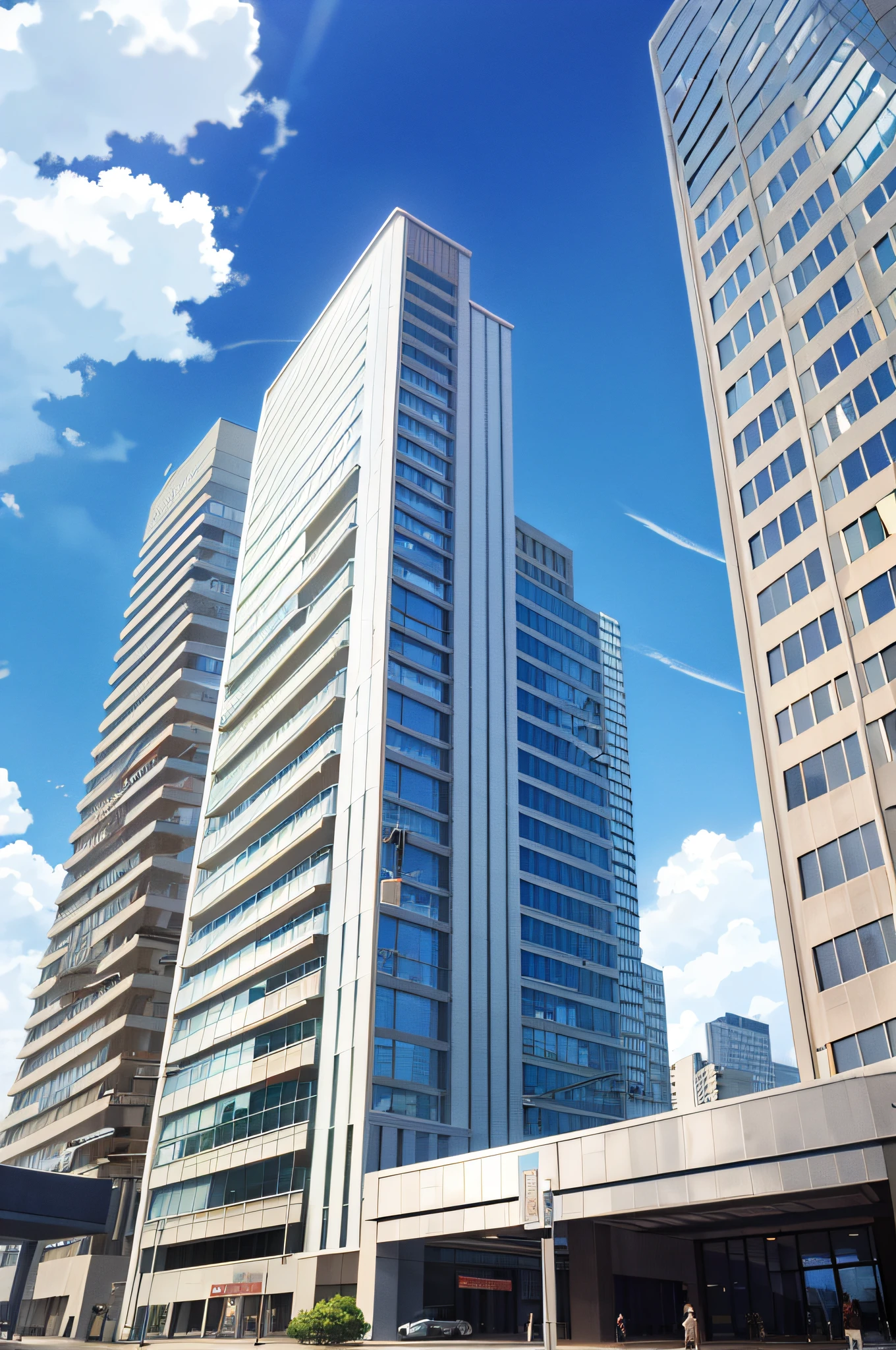 urban area , modern building , sunglasses, juice box, vast blue sky, clouds,