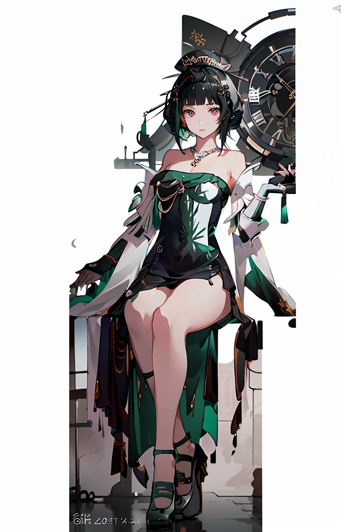White dress, translucent, anime-style woman sitting on platform with clock in background, Guvez on Pixiv art station, Guvez on Pixiv, Guweiz, Guweiz style artwork, best anime 4k konachan wallpaper, anime art wallpaper 8 K, digital art on Pixiv, anime art wallpaper 4 K