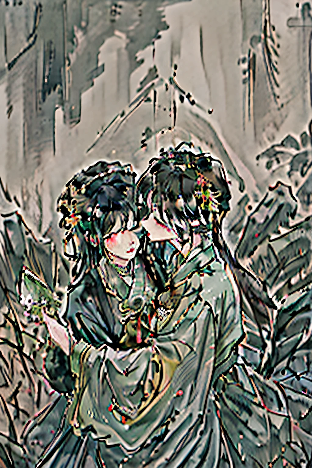black hair, (((the boy kisses the girl))), rainy, （大乳房）, (a boy and a girl) , ((8k, highres, best quality, highres, high quality, super detail, ccurate))