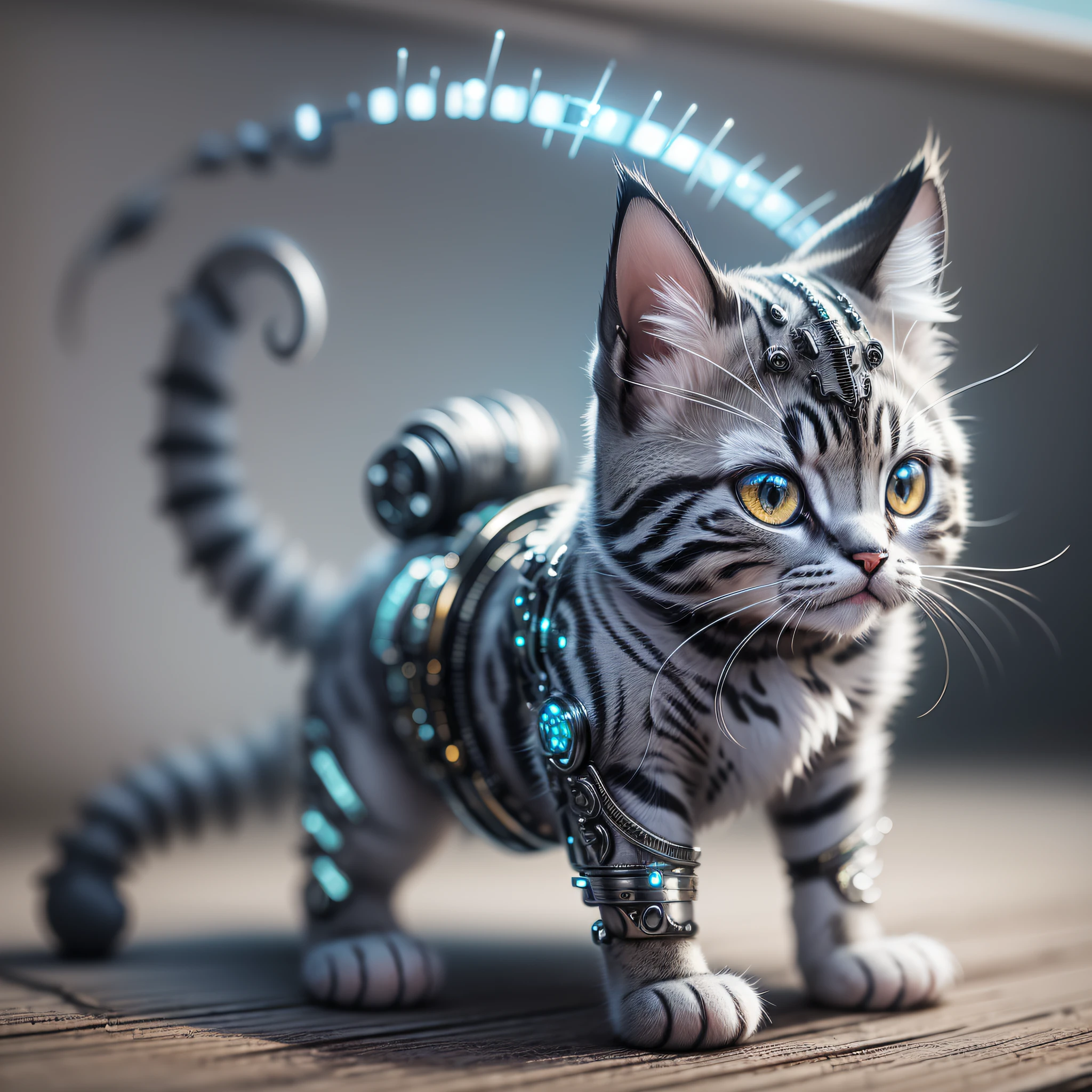A cute kitten made of metal, (cyborg:1.1), ([tail|detailed wire]:1.3), (intricate detail), hdr, (intricate detail, hyperdetailed:1.2), cine footage, halo shadow, centered --auto --s2