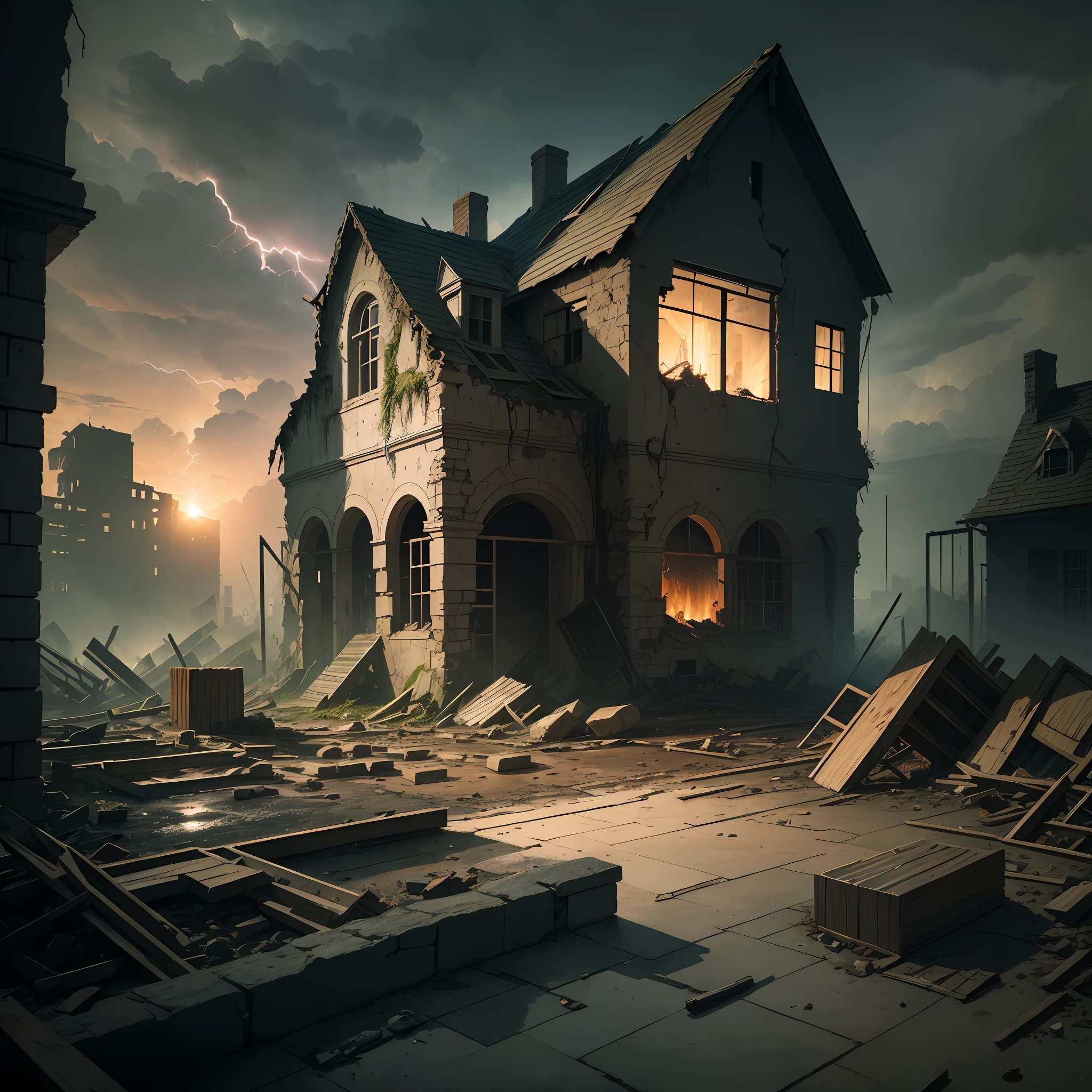 House in ruins, catching fire, rubble, scene of destruction, Dusk, Upper-Atmospheric Lightning, Rain, inside a house, medieval house, things scattered on the floor, inside the house