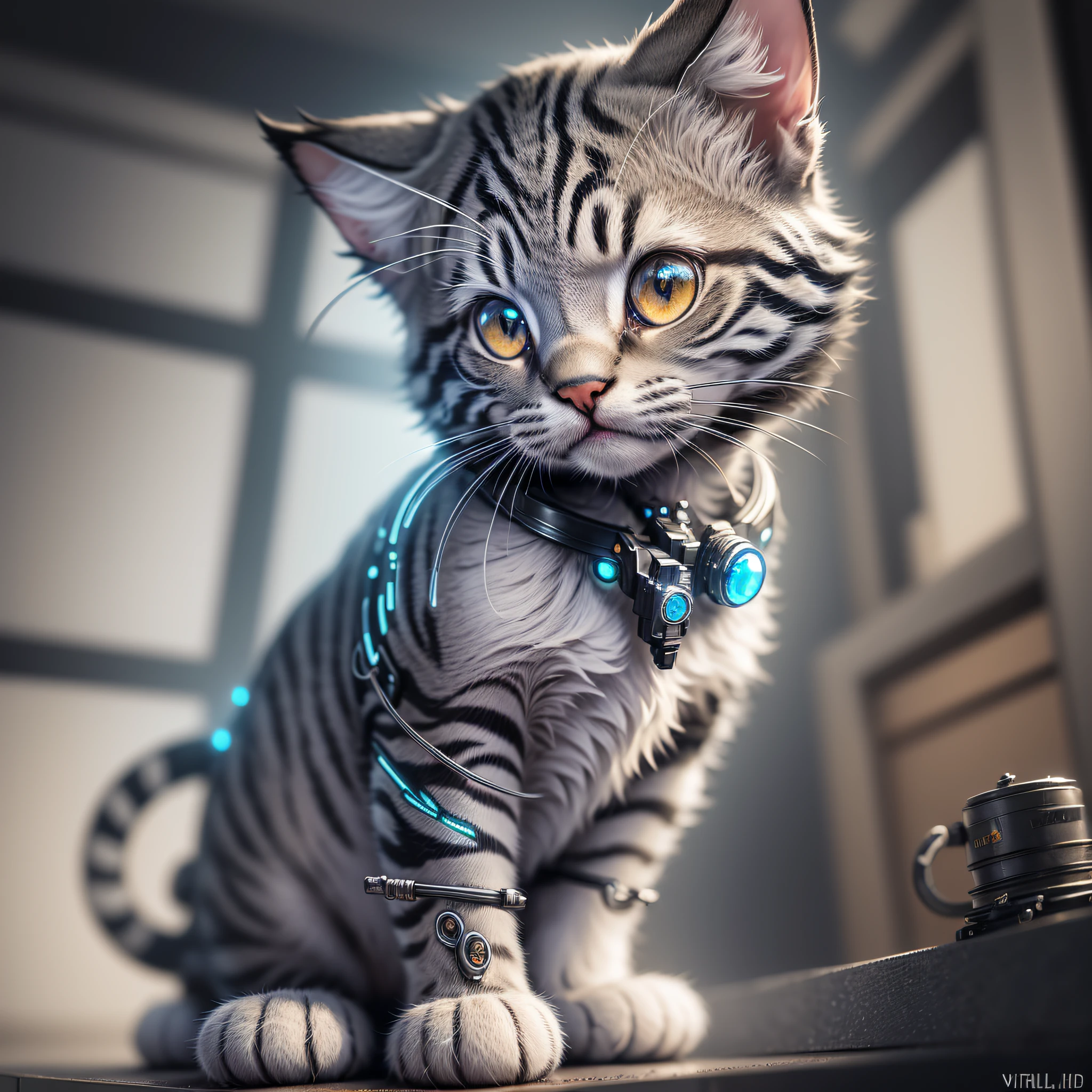 A cute kitten made of metal, (cyborg:1.1), ([tail|detailed wire]:1.3), (intricate detail), hdr, (intricate detail, hyperdetailed:1.2), cine footage, halo shadow, centered --auto --s2
