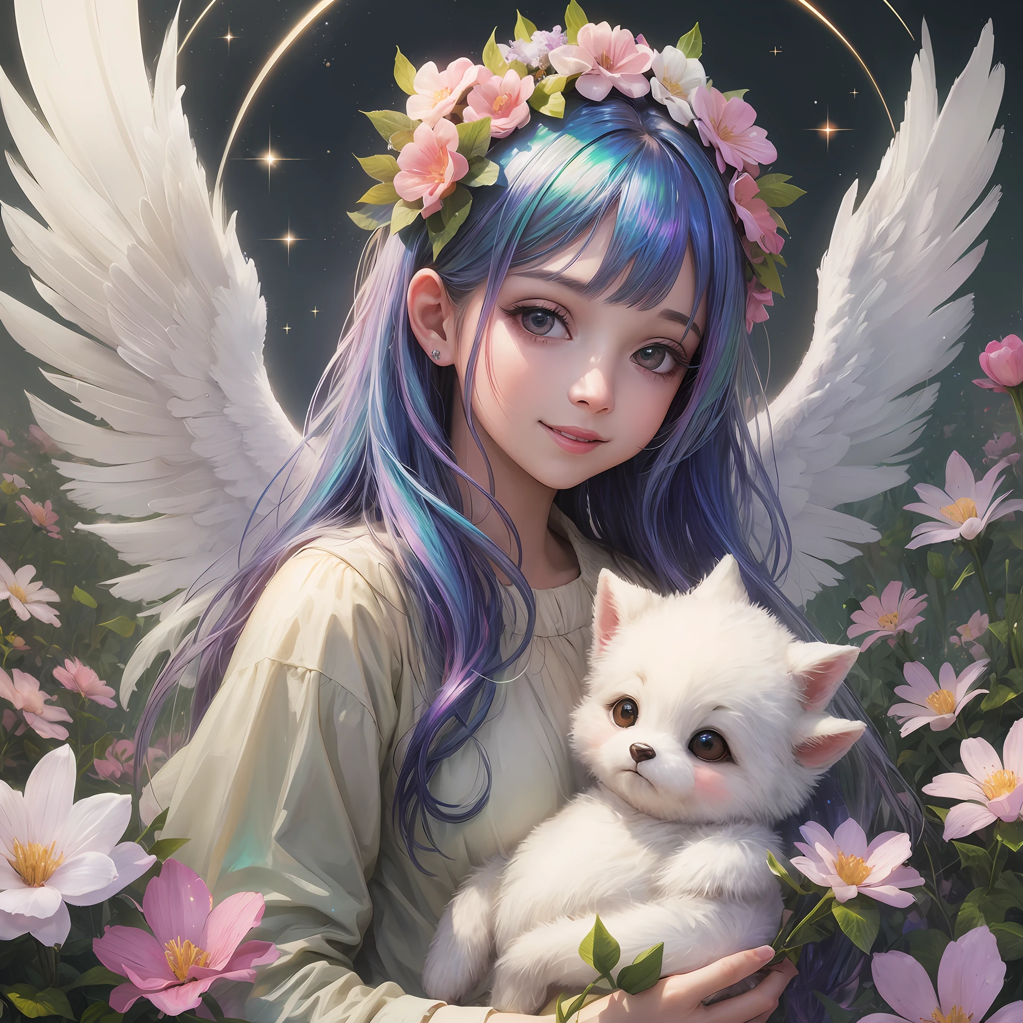 , angel, glitter, cute smile, iridescent, light, flower garden, halo -, magic in hand-auto --s2