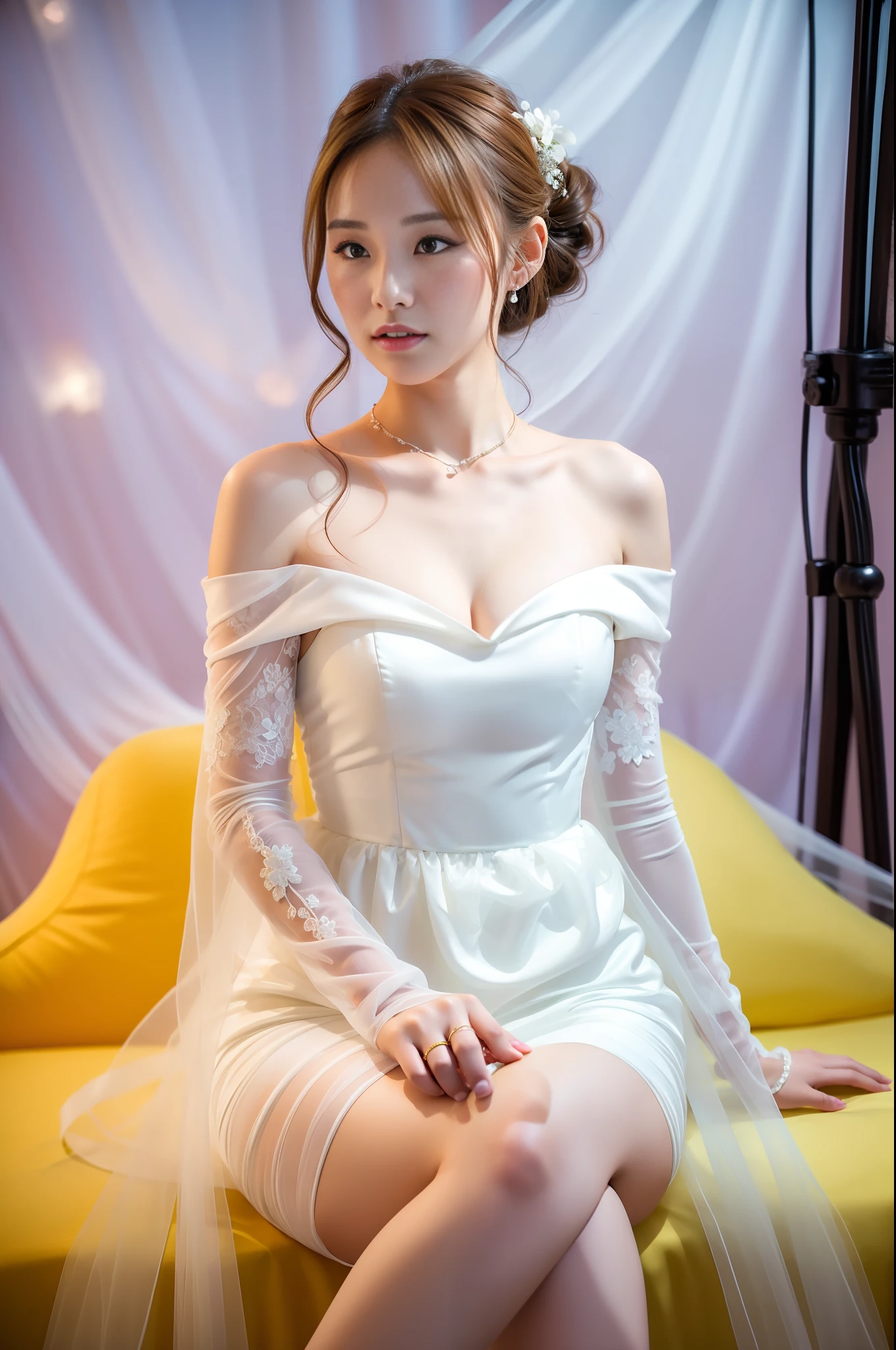 Sexy posture, wearing goose yellow wedding dress, translucent wedding dress, double ponytail, head wearing wedding dress