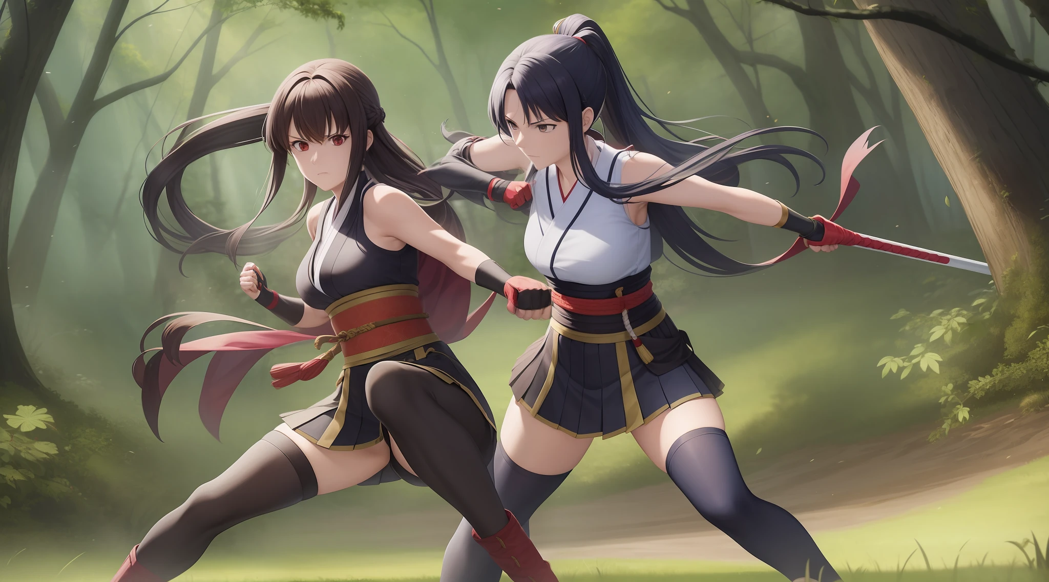 Full body shot of two female character from Gintama, they locked in an intense battle, looking each other, wielding short with deadly intent. One of them takes a lethal blow and succumbs to her injuries. They have long loose hairstyles, as they clash in different color of traditional sleeveless kimonos, cinched at the back hip by striking obis. The fighters are adorned with black thin long gloves at their two hands, pleated skirts, and black thigh highs at their two legs. The battle takes place in a dense and lush forest.