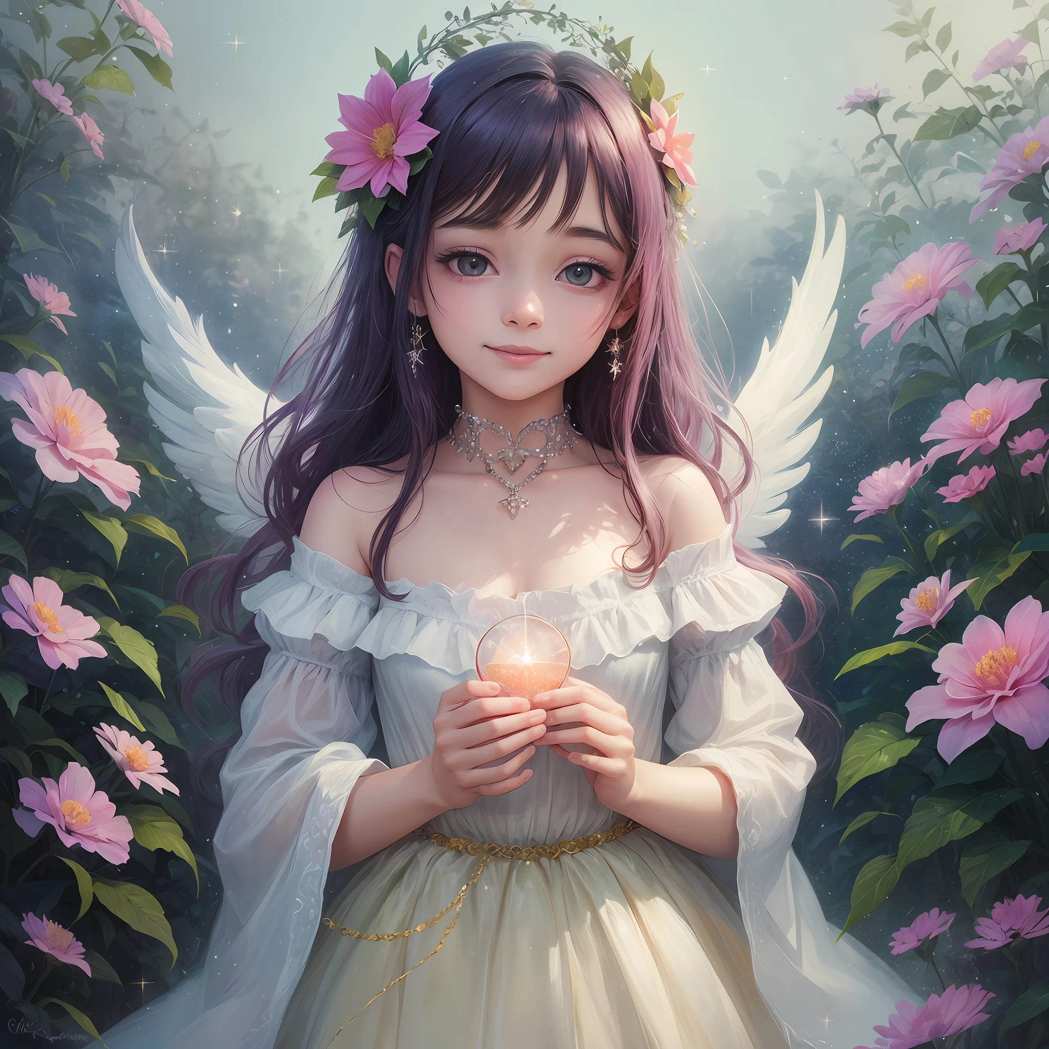 , angel, glitter, cute smile, iridescent, light, flower garden, halo -, magic in hand-auto --s2