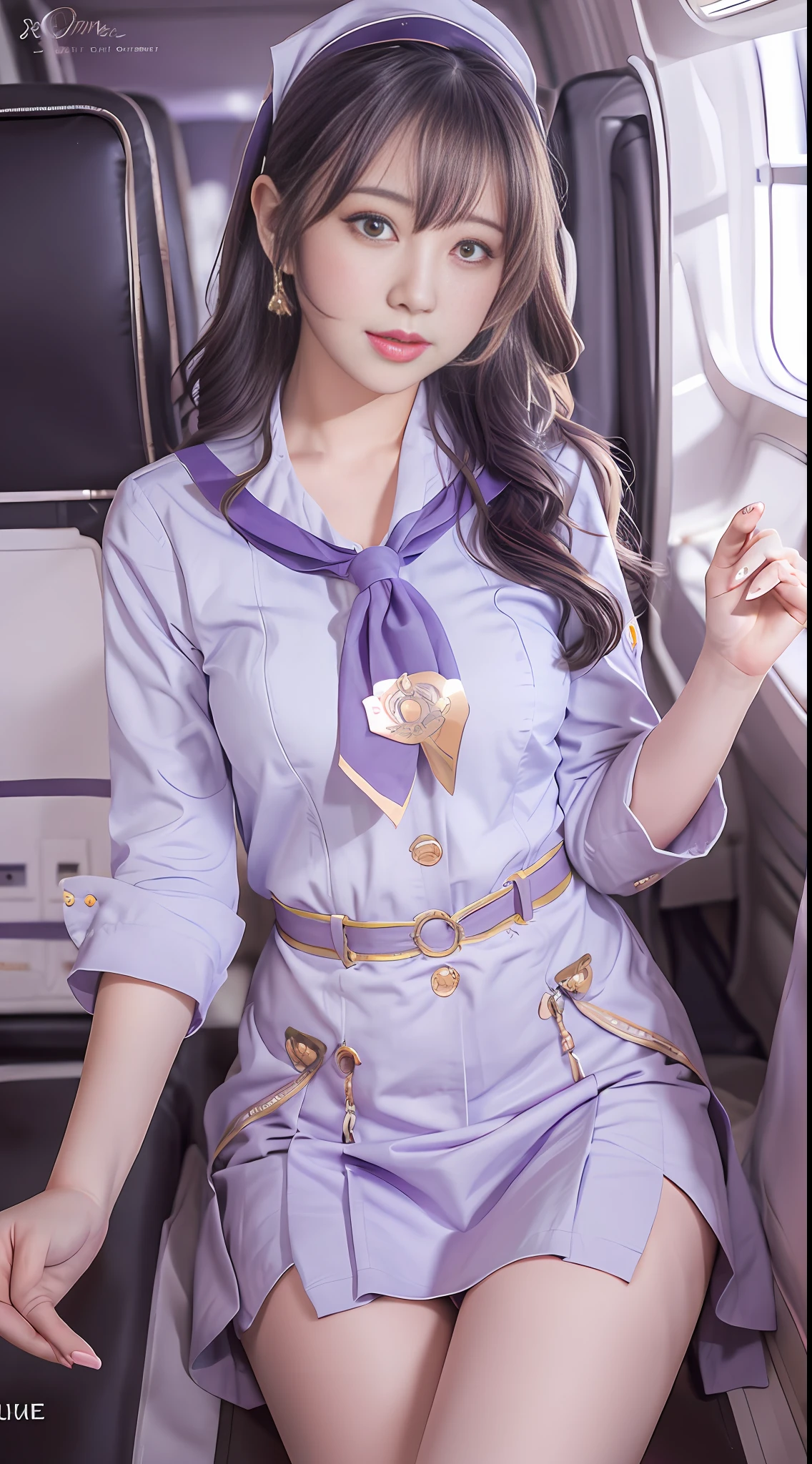 The painting style is soft, childish and cute, rich in ancient style, flowing and moving, full of flesh, girly heart, sweet and lovely, flight attendant uniform, simple atmosphere, loose and comfortable, purple tone, bright and soft lighting. The figure is fat