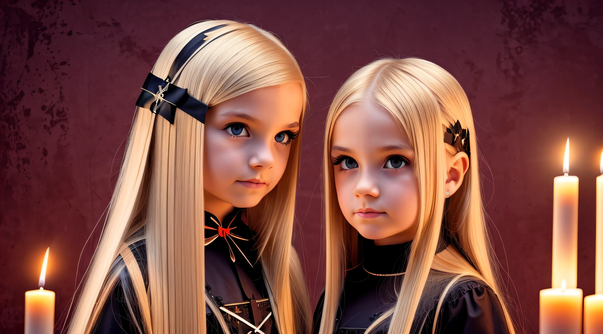 GIRLS CHILDREN, BACKGROUND WITH CROSSES, BLONDES WITH VERY LONG STRAIGHT HAIR GOTHS, WITH FIRE CANDLES. RED BACKGROUND.