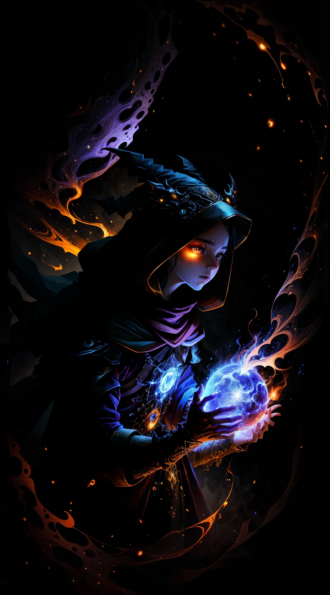A demon witch casting fire spells, beautiful, very detailed, surreal, cinematic lighting, dark, space background, soft cinematic lighting, (backlight: 1.2), (flare: 1.2), (flash: 1.1), (chromatic aberration: 1.2), clear focus, high contrast, V0id3nergy magic aura, V0id3 energy battle mage, V0id3 nergy cute hollow