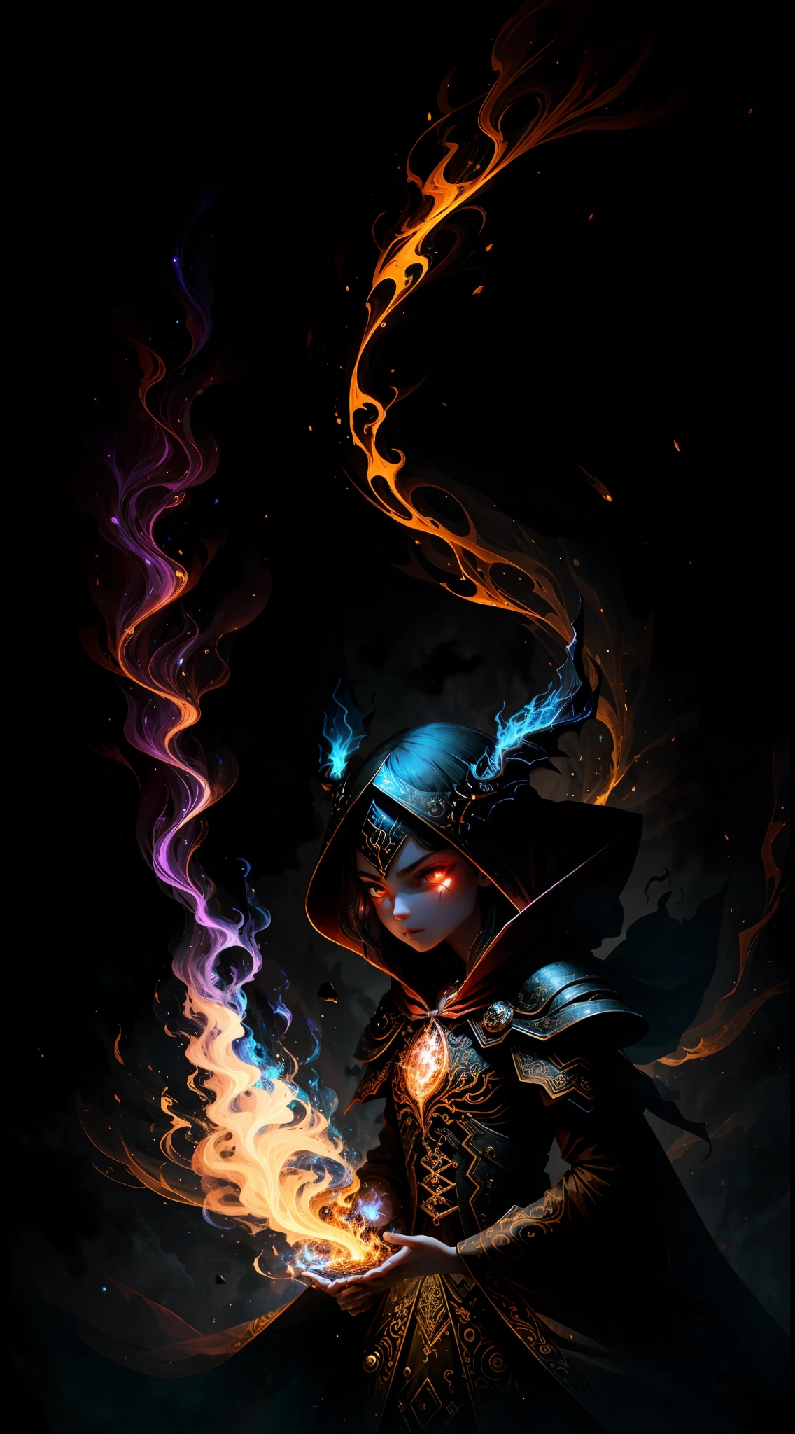 A demon witch casting fire spells, beautiful, very detailed, surreal, cinematic lighting, dark, space background, soft cinematic lighting, (backlight: 1.2), (flare: 1.2), (flash: 1.1), (chromatic aberration: 1.2), clear focus, high contrast, V0id3nergy magic aura, V0id3 energy battle mage, V0id3 nergy cute hollow