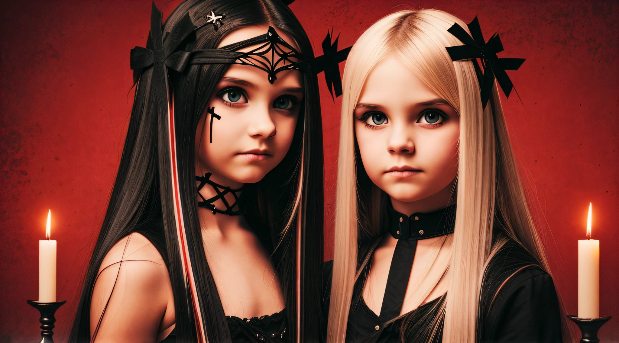 GIRLS CHILDREN, BACKGROUND WITH CROSSES, BLONDES WITH VERY LONG STRAIGHT HAIR GOTHS, WITH FIRE CANDLES. RED BACKGROUND.