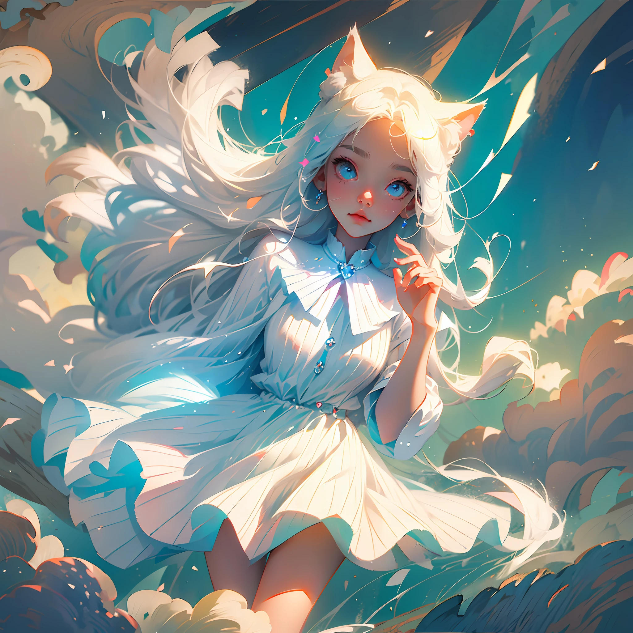 White-haired girl, white cat ears, white slip skirt blowing in the breeze, legs, five fingers, cute expression, big eyes watery looking at the camera, background blue sky and white clouds, two-dimensional, sunshine --auto --s2