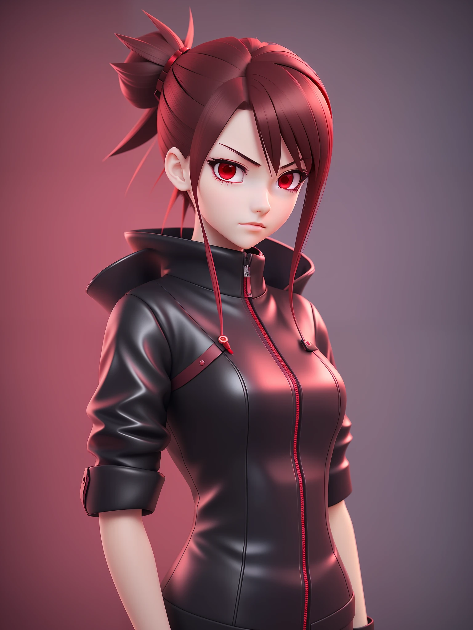 Young girl, a cartoon character dark red outfit, ((cold expression and tired eyes)), ((hair up to shoulder)), (red eyes), stylized character, animation character, stylized 3d render, 3d character, highly detailed character, stylized anime, stylized 3d, render character, character model, closeup, (maximum quality)
