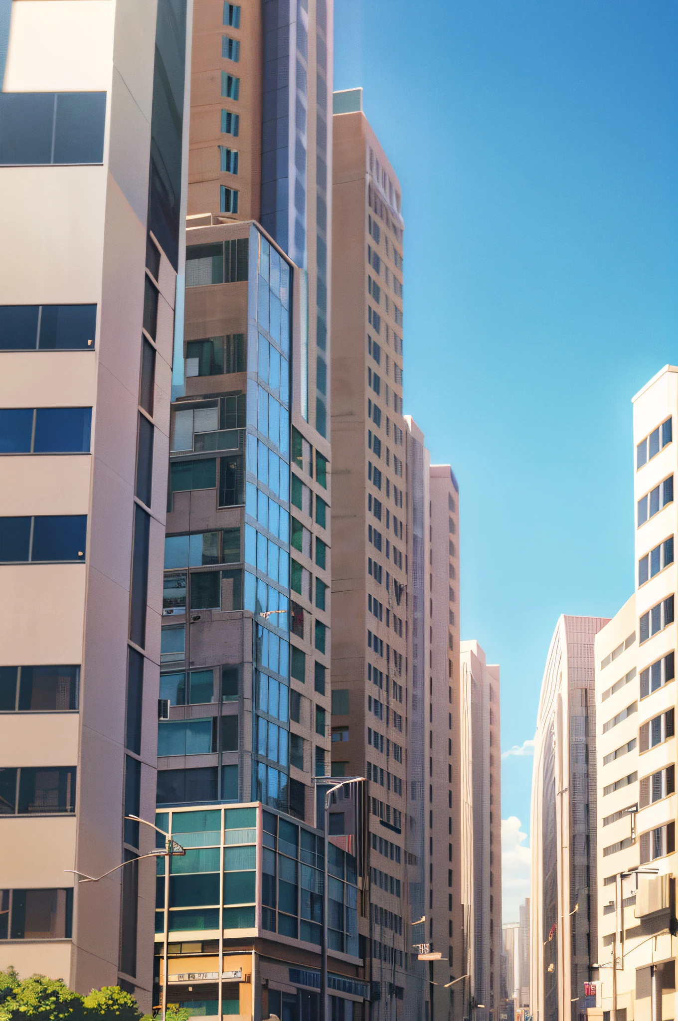urban area , modern building , sunglasses, juice box, vast blue sky, clouds,