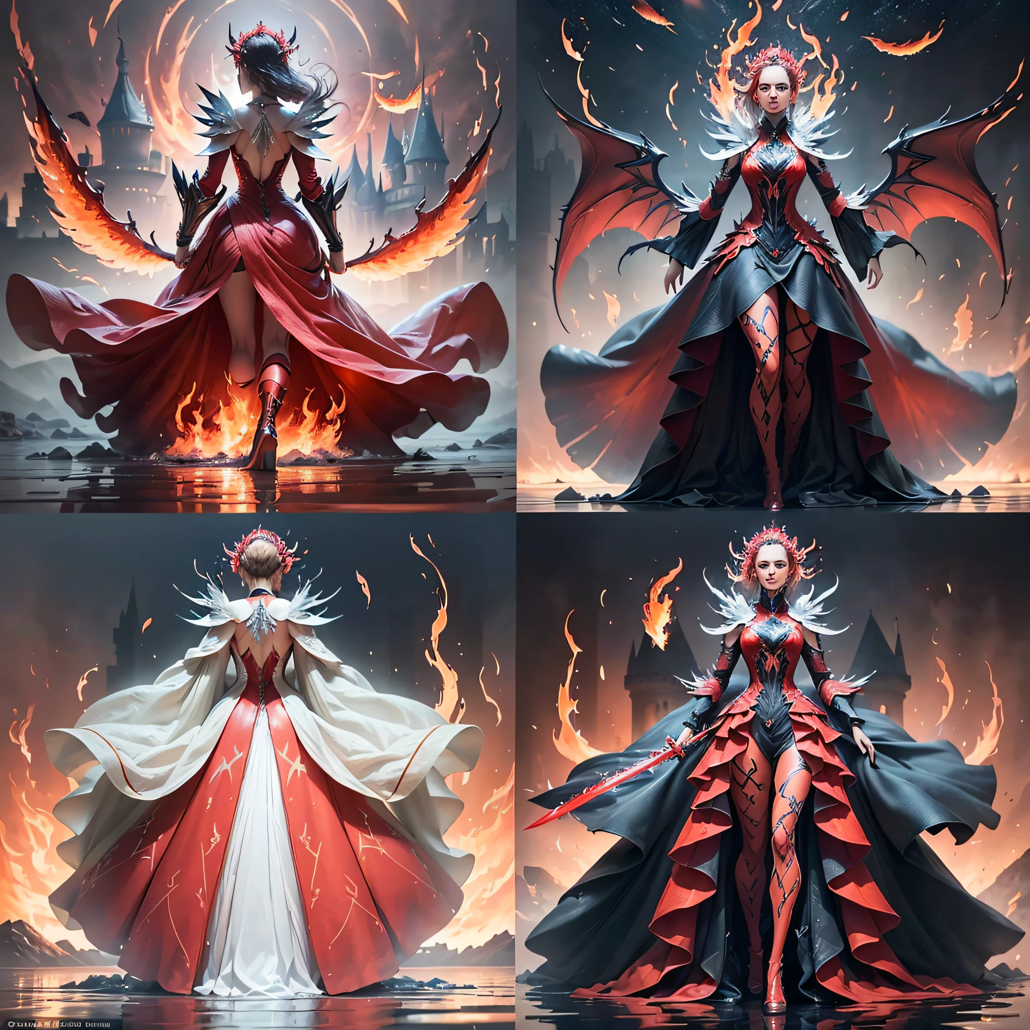 costume designing, clothing display, elegant long dress full of the water, futuristic style, strong light, cinematic lighting, ultra-detailed, sharp focus, --ar 3:4 clothing on glowing red embers)), ((red clothing)) , ((holding a flaming sword)), (((burning castle)), ((flaming wings)) (character design sheet, same character, front, side, back) --auto --s2