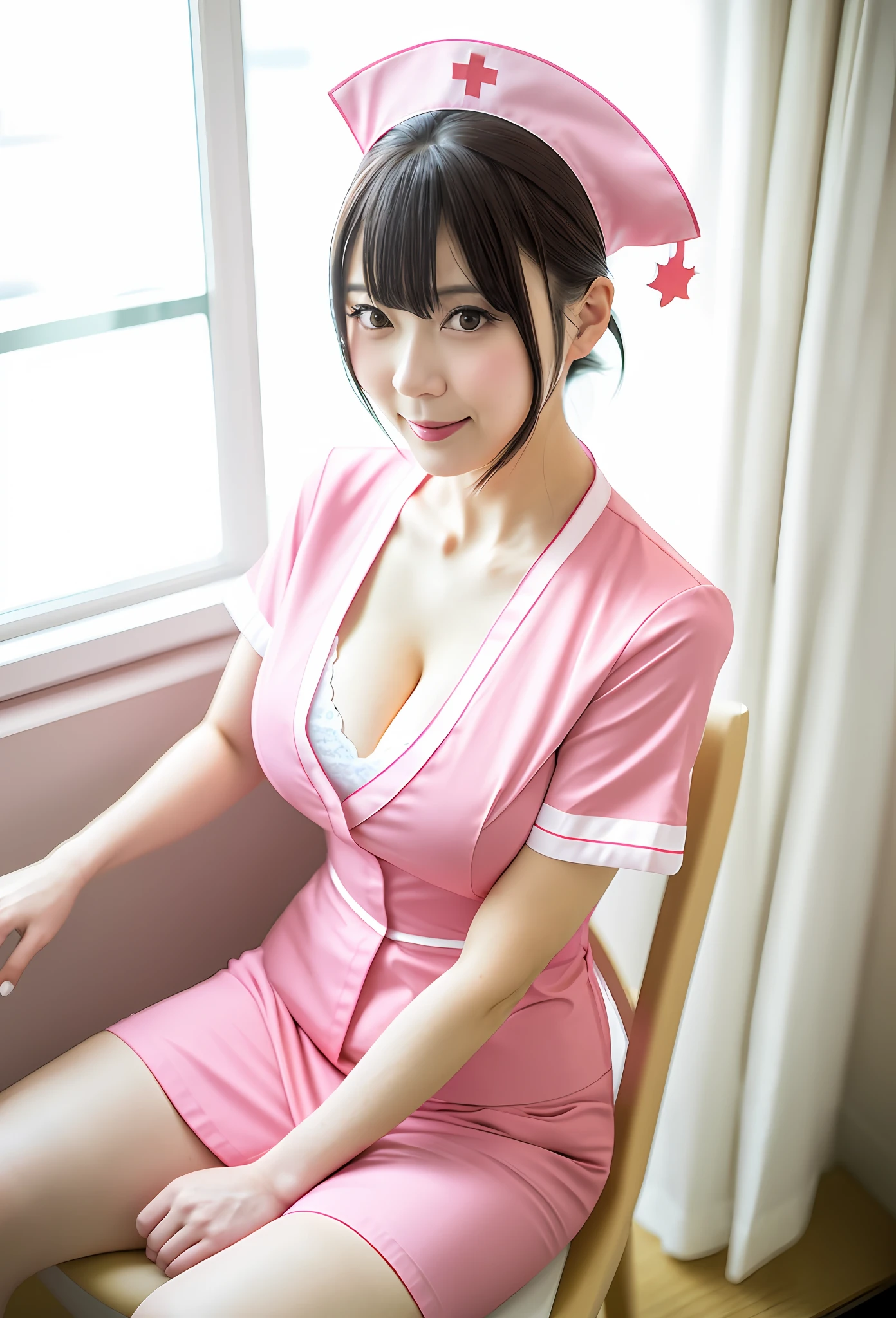 8K, high precision photo, there is a woman sitting in a chair in a pale pink sexy nurse outfit, nurse girl, sexy nurse uniform, close-fitting sexy nurse costume, sexy nurse costume, sexy nurse, nursing, huge breasts, Ayaka cosplay, Sakimichan, Makoto Shinka, Sakimi-chan, Ayami Koji Imama, Japanese Maid Cafe, Akimi Nouejo
