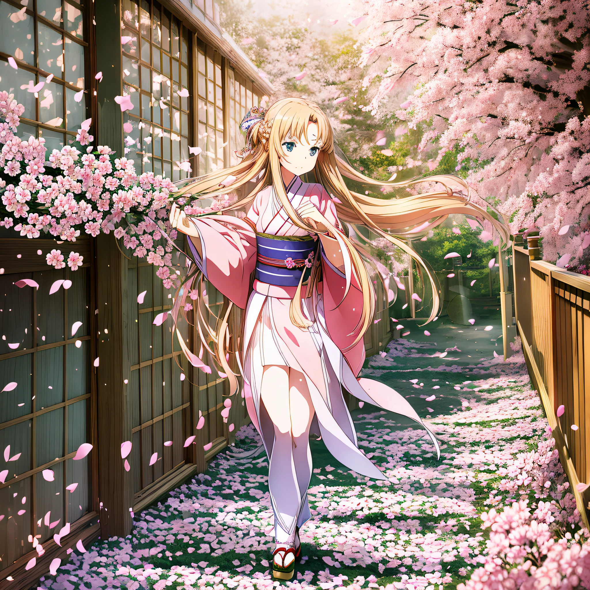 full body,full shot,sfw,beautiful russian: 2 girl in the image of geisha with big bright blue eyes and long fluffy eyelashes of Nordic type with perfect graceful figure and very long and fluffy wavy wheat-colored hair stands full-length on the alley on the background of blooming Japanese pink sakura wearing Japanese kimono and Japanese gate shoes, girl's kimono is lacy with intricate patterns, Little bosom with bulges shines through, the ground where the girl is standing is strewn with sakura petals, the scene is highly artistic, high resolution, clear focus, artistic style Migjorni-V5, hyperphotorealism, perfect proportions, golden ratio, highlight, outline, sunlight, soft glow, soft focus, photography style Monocle. --auto --s2