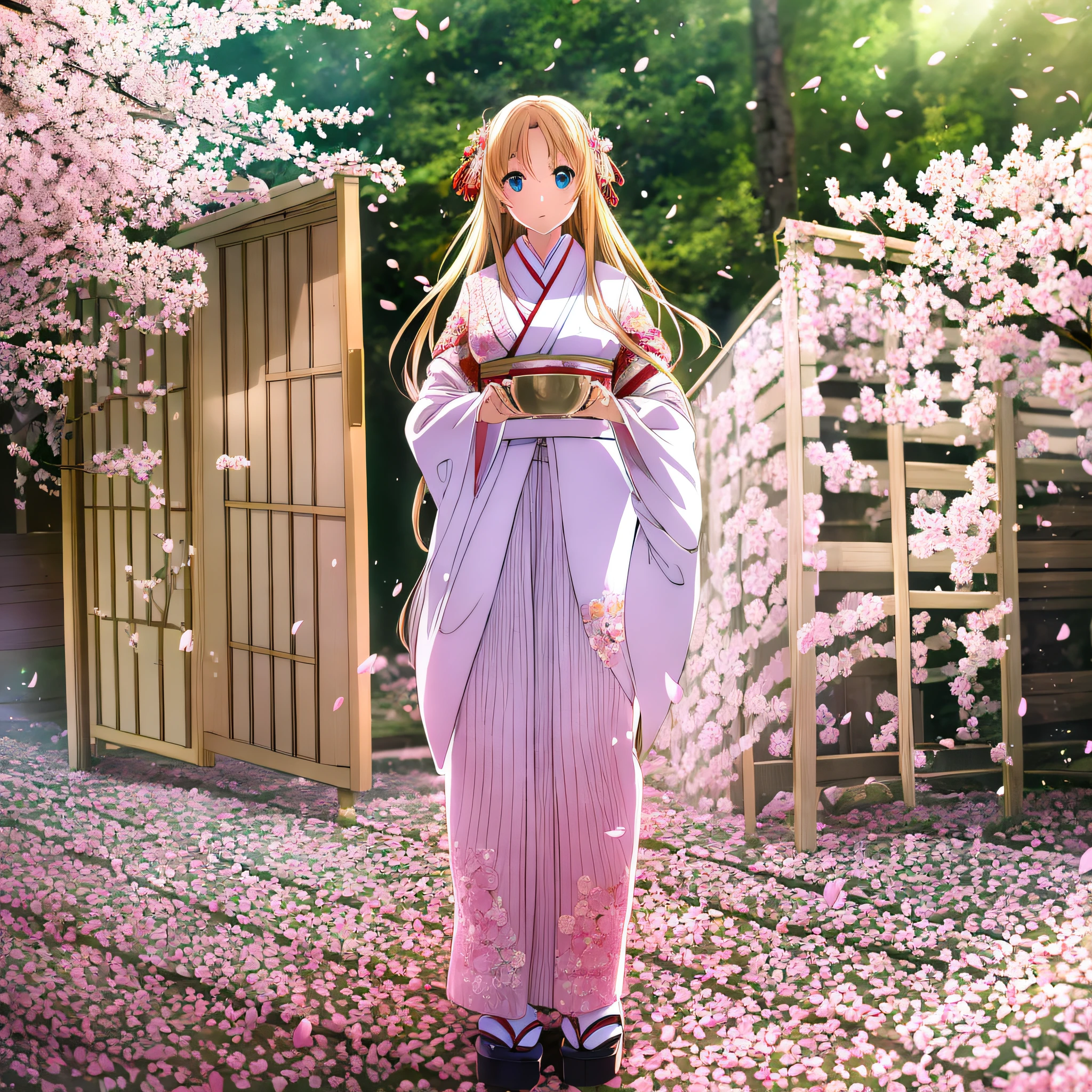 full body,full shot,sfw,beautiful russian: 2 girl in the image of geisha with big bright blue eyes and long fluffy eyelashes of Nordic type with perfect graceful figure and very long and fluffy wavy wheat-colored hair stands full-length on the alley on the background of blooming Japanese pink sakura wearing Japanese kimono and Japanese gate shoes, girl's kimono is lacy with intricate patterns, Little bosom with bulges shines through, the ground where the girl is standing is strewn with sakura petals, the scene is highly artistic, high resolution, clear focus, artistic style Migjorni-V5, hyperphotorealism, perfect proportions, golden ratio, highlight, outline, sunlight, soft glow, soft focus, photography style Monocle. --auto --s2