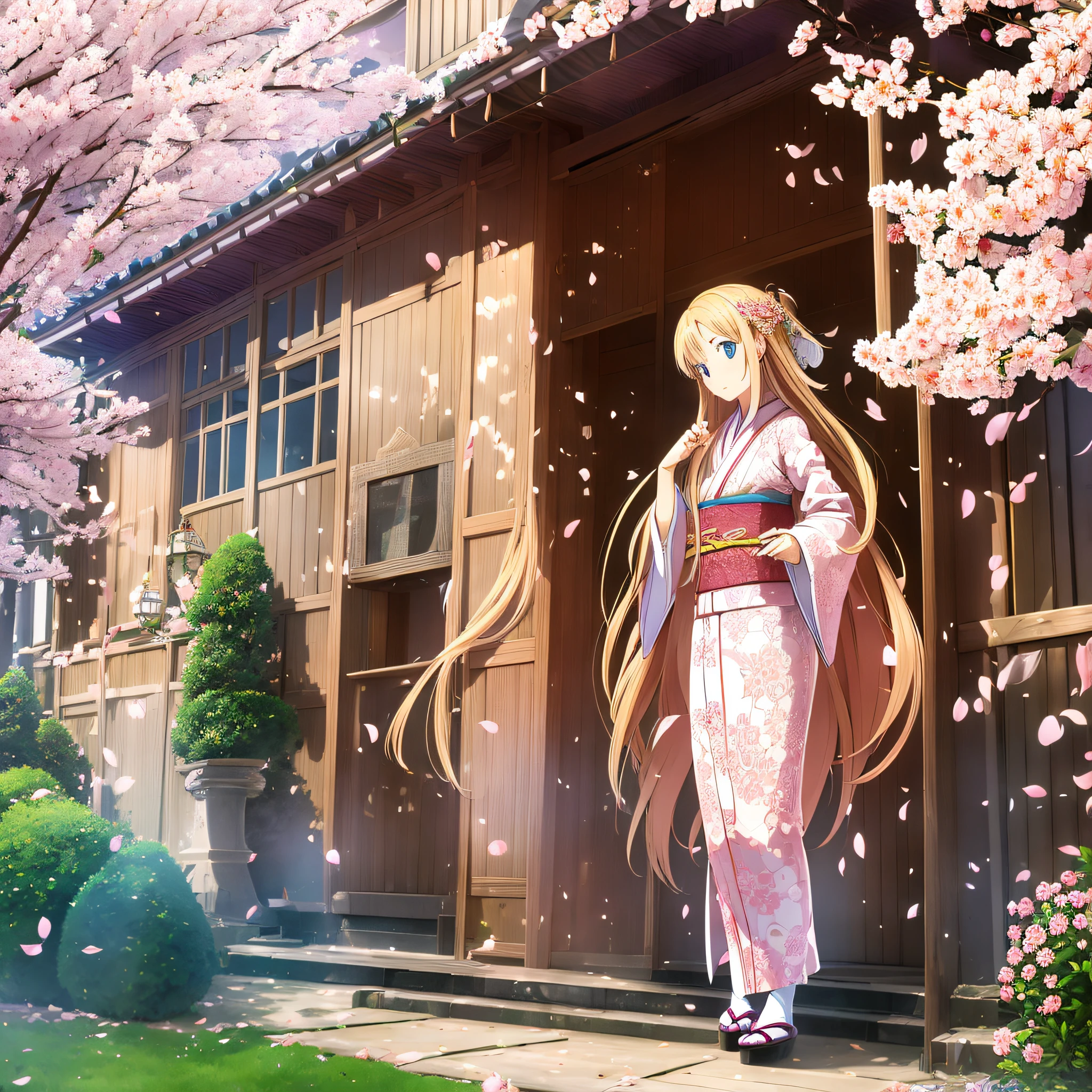 full body,full shot,sfw,beautiful russian: 2 girl in the image of geisha with big bright blue eyes and long fluffy eyelashes of Nordic type with perfect graceful figure and very long and fluffy wavy wheat-colored hair stands full-length on the alley on the background of blooming Japanese pink sakura wearing Japanese kimono and Japanese gate shoes, girl's kimono is lacy with intricate patterns, Little bosom with bulges shines through, the ground where the girl is standing is strewn with sakura petals, the scene is highly artistic, high resolution, clear focus, artistic style Migjorni-V5, hyperphotorealism, perfect proportions, golden ratio, highlight, outline, sunlight, soft glow, soft focus, photography style Monocle. --auto --s2