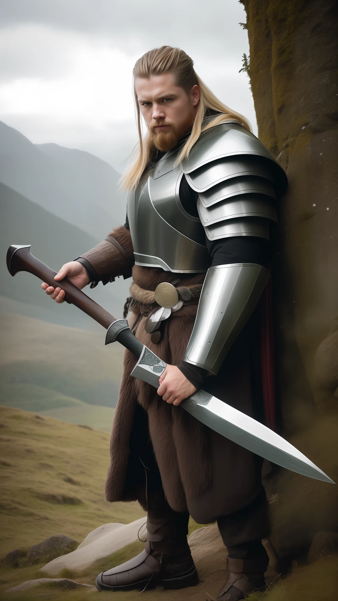 The photo of the portrait of a brutal Norse warrior in a mountainous environment, with few trees in the background. The warrior is wearing intricate steel armor and holding a magical fire battle axe. His pose is heroic, with a magical aura around him. The style is fantasy with octane rendering, volumetric lighting and 8k high definition, highly detailed, and centralized. Photographic style with a wide-angle lens, capturing all the stunning details. --ar 16:9 --v 5