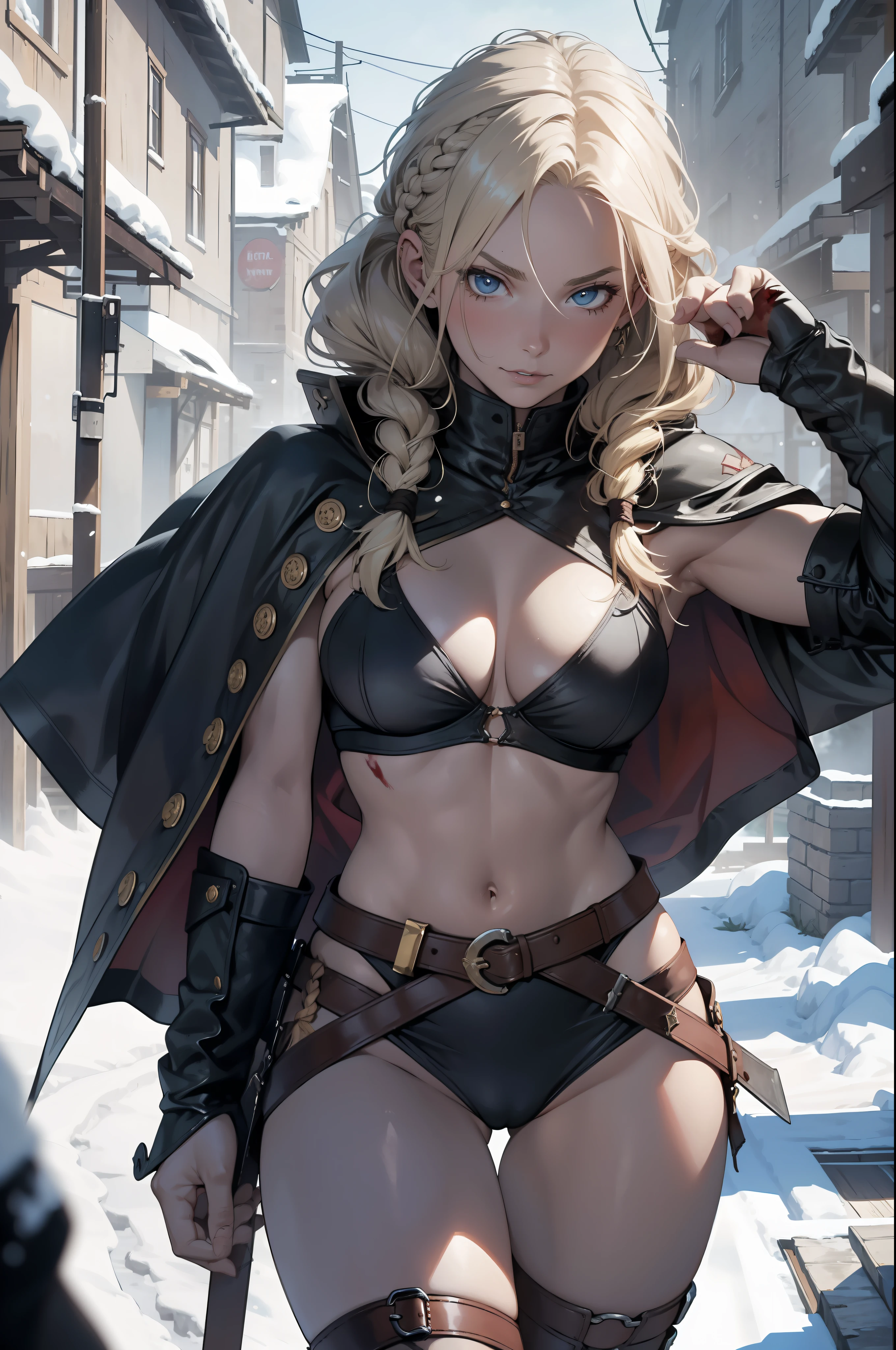 ((Simon Bisley)), Beautiful full-bodied woman, 30 years old, muscular and perfect body, blonde Viking warrior with braids and little clothing, tiny thong, metal bra, polar bear skin as cape, large breasts, generous neckline, holding a blood-stained sword, brave face, dark kingdom, sexy pose, walking in a Viking village in the snow