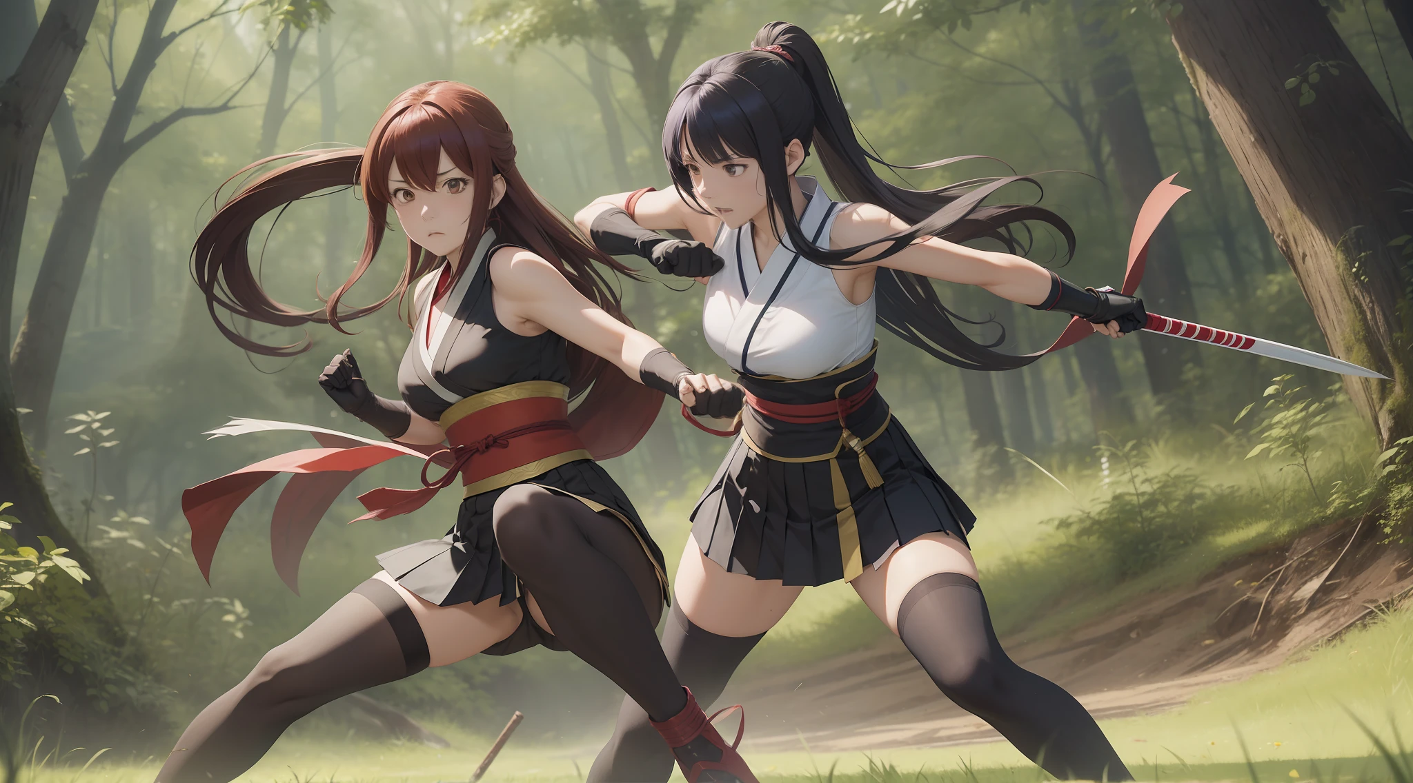 Full body shot of two female character from Gintama, they locked in an intense battle, looking each other, wielding short with deadly intent. One of them takes a lethal blow and succumbs to her injuries. They have long loose hairstyles, as they clash in different color of traditional sleeveless kimonos, cinched at the back hip by striking obis. The fighters are adorned with black thin long gloves at their two hands, pleated skirts, and black thigh highs at their two legs. The battle takes place in a dense and lush forest.