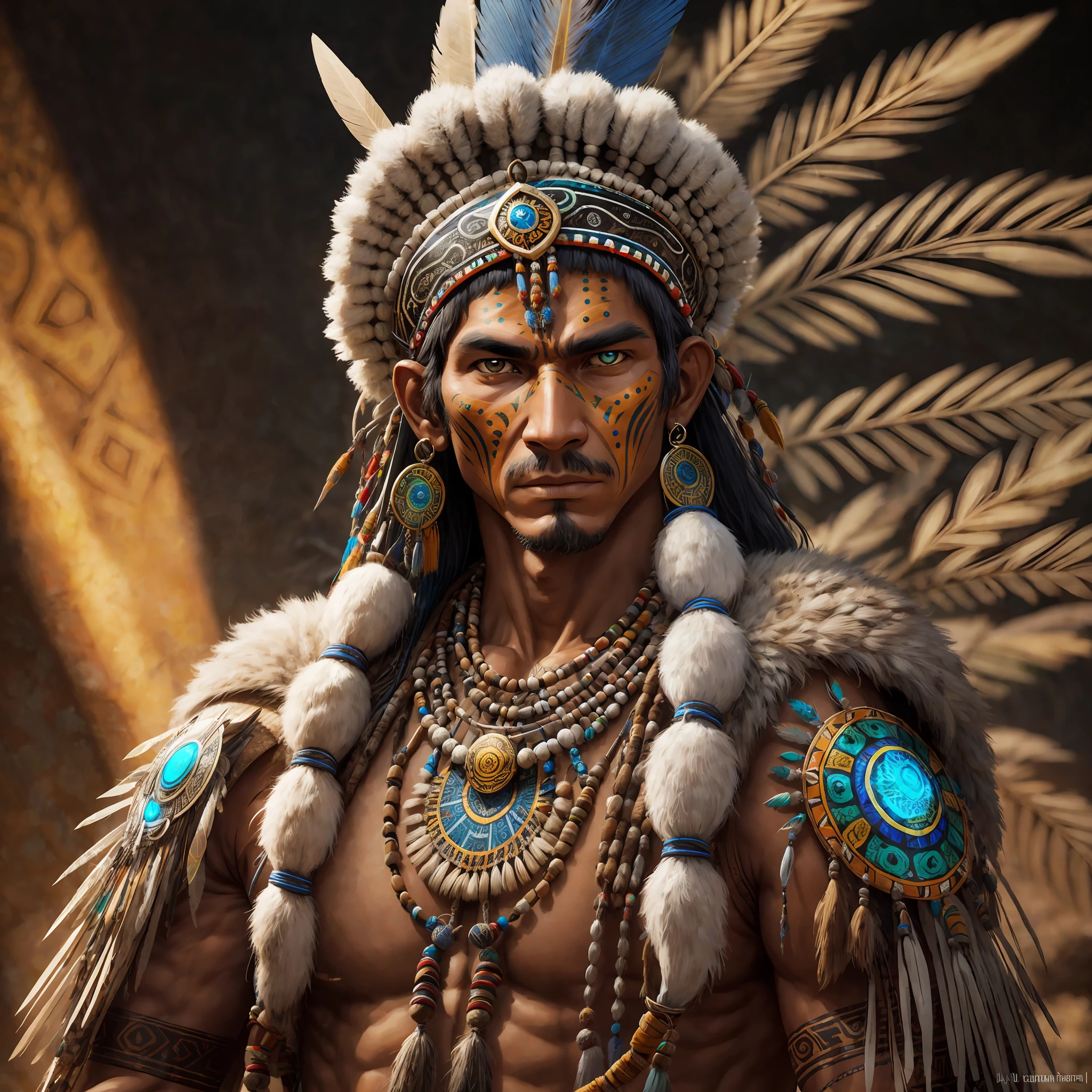 Shaman, Brazilian, man, ultra realistic, with details of the culture of the indigenous, clothes and object with the same theme, shape of jaguar spirit translucent in the background, UHD, super defined details --auto --s2