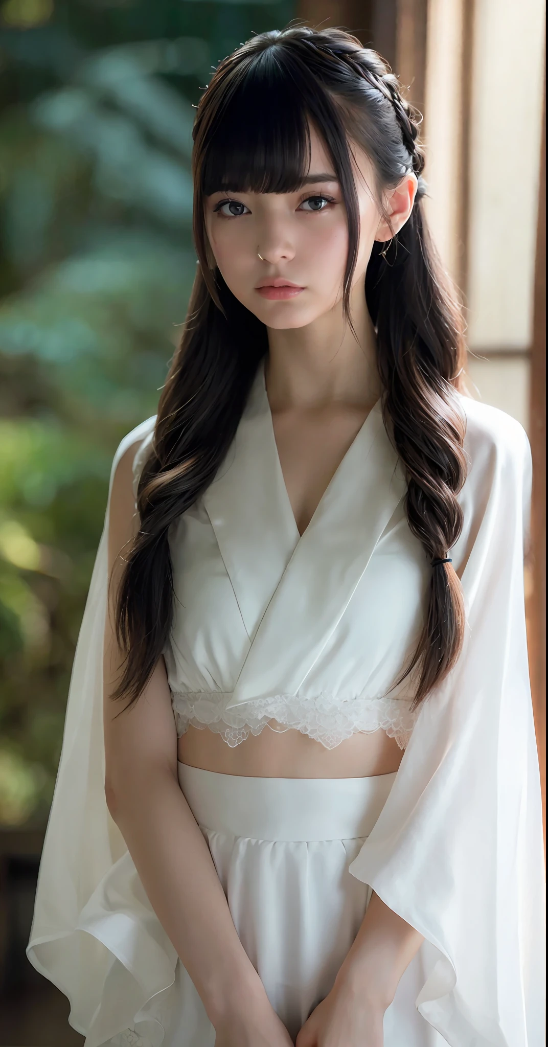 Nikon Z 85mm, ((best quality)) ((masterpiece)), intricate details, sharp focus, professional, photorealistic, real life, ultra realistic, photorealism,SILHOUETTE light,finely detail,best quality,extremely detailed CG unity 8k wallpaper,perfect artwork,upper body, shiny hair, glowing eyes, lustrous skin, realistic, perfect female figure, narrow waist, looking at viewer,lace,seductive posture, sexy pose, an extremely delicate and beautiful,best quality, beautiful detailed girl, beautiful detailed eyes,light on face,cinematic lighting,see-through,White pajamas, transparent material, revealing buttocks,a realistic representation of the face, (intricate details, makeup, (detailed beautiful delicate face, detailed beautiful delicate eyes, a face of perfect proportion, high detailed skin, detailed skin, best ratio four finger and one thumb, arms under breast, medium large breasts, smooth midriff, skiny and thin,fashion, solo ,(young), face highlight, upper body, detailed face, white skin, silver hair, ponytail, braid hair,big eyes, silk robe, (hollow pattern, silk), earrings, slim body, luxury room, professional lighting, tear robe,1 girl,Coiling hair