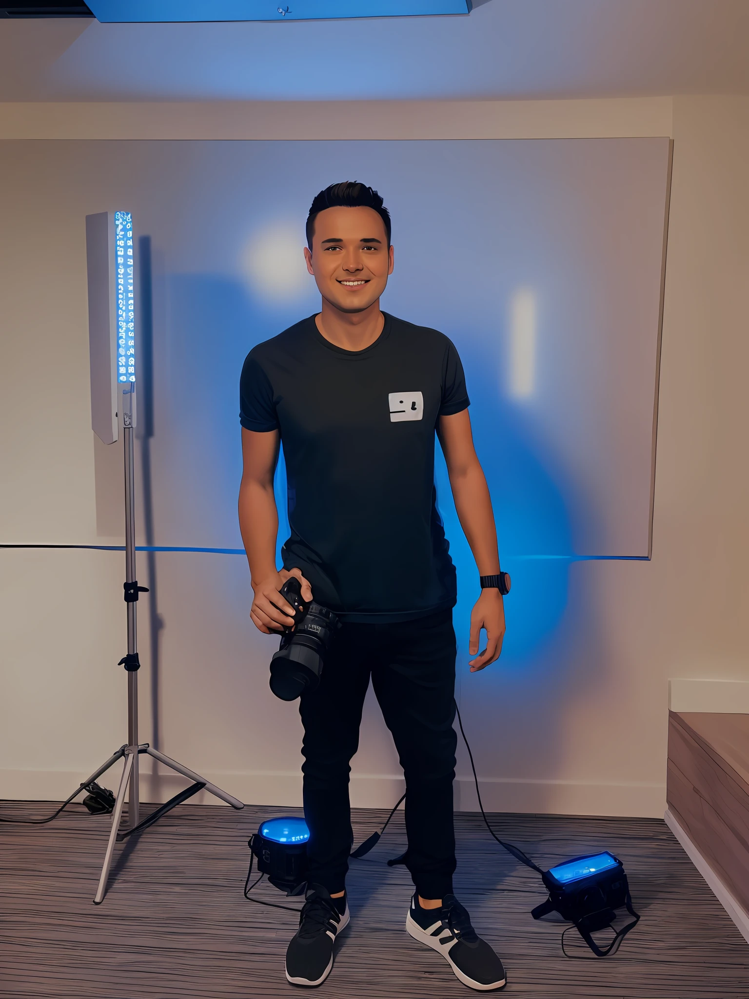 Man standing in a room with a camera and a blue light, full body photographer, well-lit professional photo, full body and head shot, professional image, detailed, comic art, illustration, 4k, realist, animation art