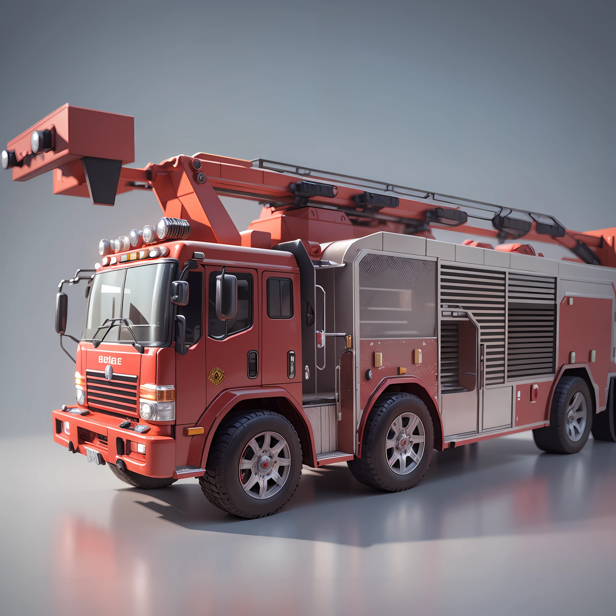 A toy fire truck, future science and technology sense, model toys, some electroplated parts, plastic models, ABS material, assembly line, fine high-grade, super detail, height overlooking, 3D, OC rendering, C4D, clean background, 8K --auto --s2