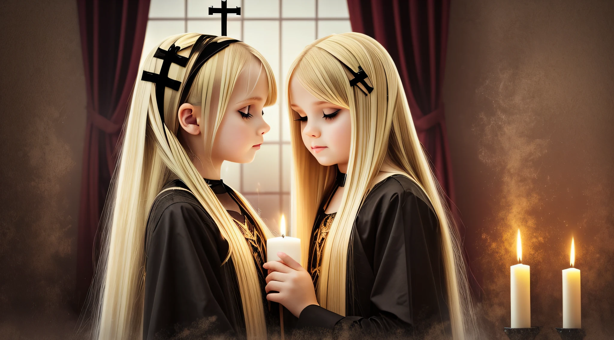 GIRLS CHILDREN, BACKGROUND WITH CROSSES, BLONDES WITH VERY LONG STRAIGHT HAIR GOTHS, WITH FIRE CANDLES. BACKGROUND CURTAINS WORMS.