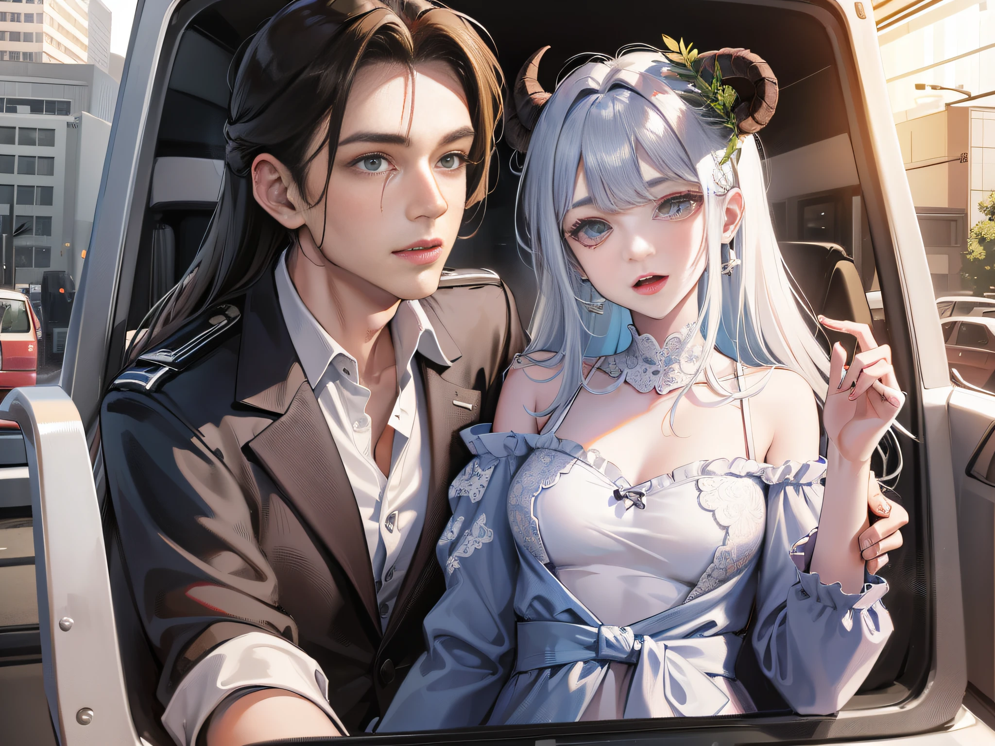 A man and a woman in the trunk of a station wagon, an uncle in his 30s, an 18-year-old girl. The uncle was wearing a suit and a goat's beard, staring at his adopted daughter with a squint. The adopted daughter has white skin, wears a sexy dress, and has big breasts. Long hair that reaches the waist. Men press on women. The man's eyes were longing, and the woman's eyes were full of fear