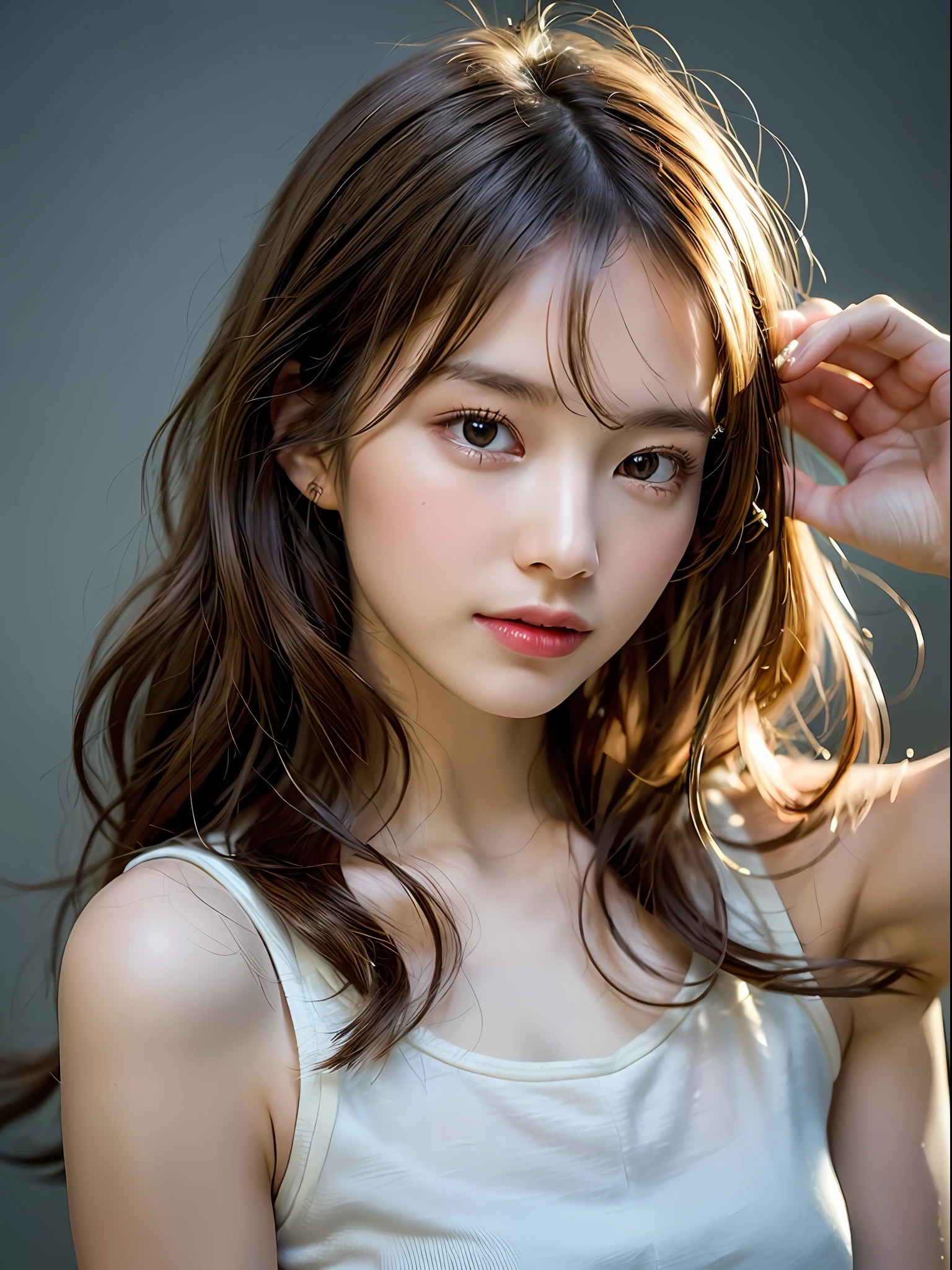 depth of field, lifelike, realistic, super detailed, beautiful, slender, cute, 30s, beautiful features, actress, mature, upper body, bright brown hair, thin hair, small face, live-action, highest quality, very elaborate CG Unity 8K wallpaper, ultra high resolution, natural fashion, lighting, medium hair, (puffy eyes), model figure, light on hair, turn around pose, Ash brown hair, model pose, studio shoot, white wall background, delicate skin type, light wavy hair close to straight hair, hands around the mouth, adult clothes, hair model shoot, hair fluttering in the wind, transparent hair, fine hair fineness, soft hair, fine skin, bright photo, less hair, angle of pull, professional lighting, realistic light, realistic shadow, natural light, soft light, beige hair, Hair length is short hair, hair is honey blonde color, skin color is natural beige tone complexion, natural and light styling and makeup, hair should be wavy to express light movement, makeup should emphasize bright lips and eye-catching mascara, wear a simple and sophisticated style dress, Bright images that look like they were taken under natural sunlight