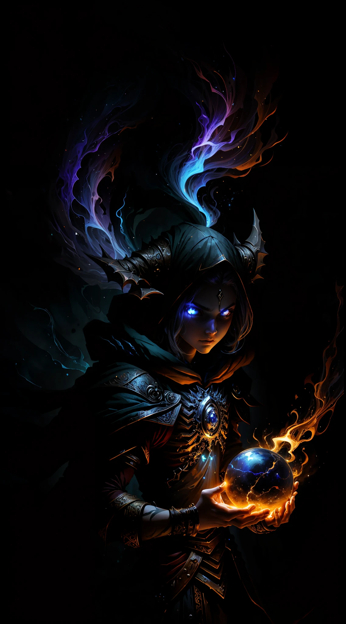 A demon witch casting fire spells, beautiful, very detailed, surreal, cinematic lighting, dark, space background, soft cinematic lighting, (backlight: 1.2), (flare: 1.2), (flash: 1.1), (chromatic aberration: 1.2), clear focus, high contrast, V0id3nergy magic aura, V0id3 energy battle mage, V0id3 nergy cute hollow