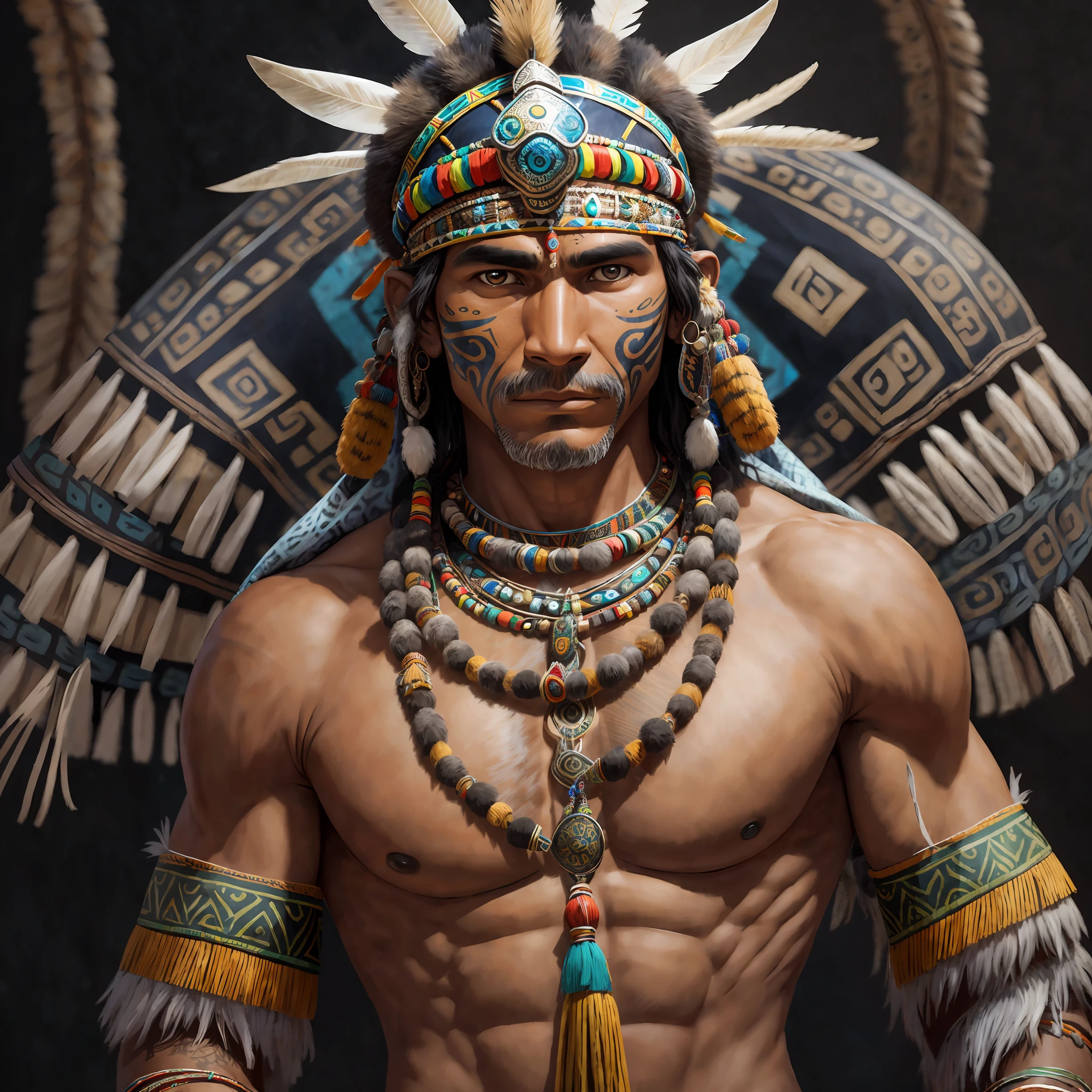 Shaman, Brazilian, man, ultra realistic, with details of the culture of the indigenous, clothes and object with the same theme, shape of jaguar spirit translucent in the background, UHD, super defined details --auto --s2