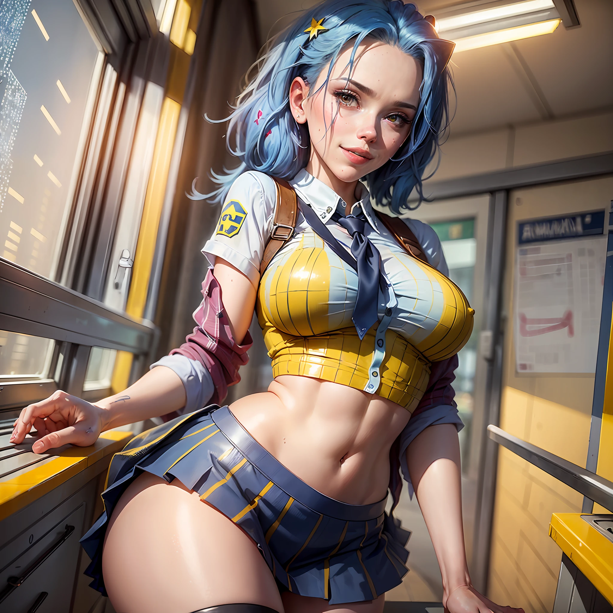 AGMM, 1girl, (Scarlett Johansson, blue hair, Yellow_Skin, Colored_Skin:1.2), wearing wet see-through school uniform, large , reveal, covered, skirt, thighhighs. inside building, classroom, sunbeams, bokeh, sparkles, evening, smile, sexy sm, --auto --s2