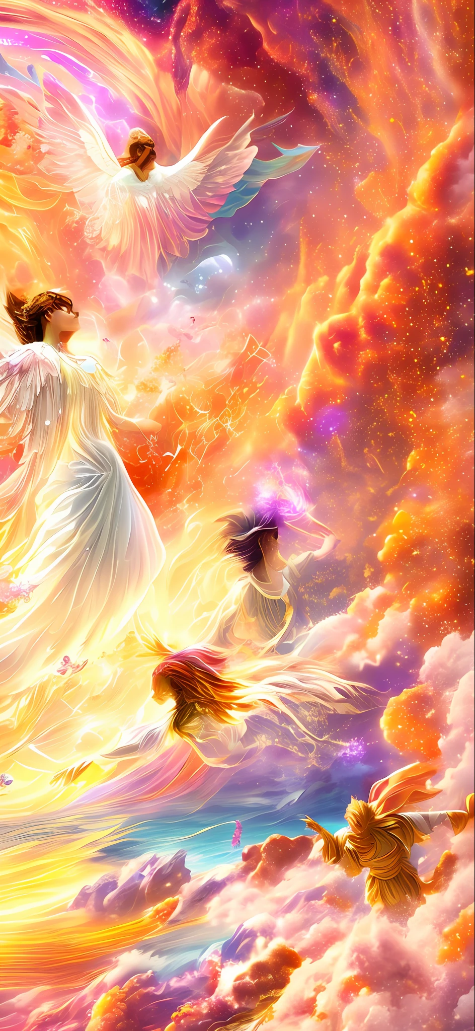 Angels, halos, flying in the air, flowing colors, dreams, complex flowing paints, super fine detail painting, deep dream universe, fantasy psychedelic anime, masterpiece, best quality, (very detailed CG unified 8k wallpaper), (best quality), (best illustration), (best shadow), elves, water, natural elements. Mysterious, beautiful, natural, shrouded in ice and fog, surrounded by fireflies (natural elements), (fireflies), (particle effects) and other 3D, octane rendering, ray tracing, super detailed, beautiful