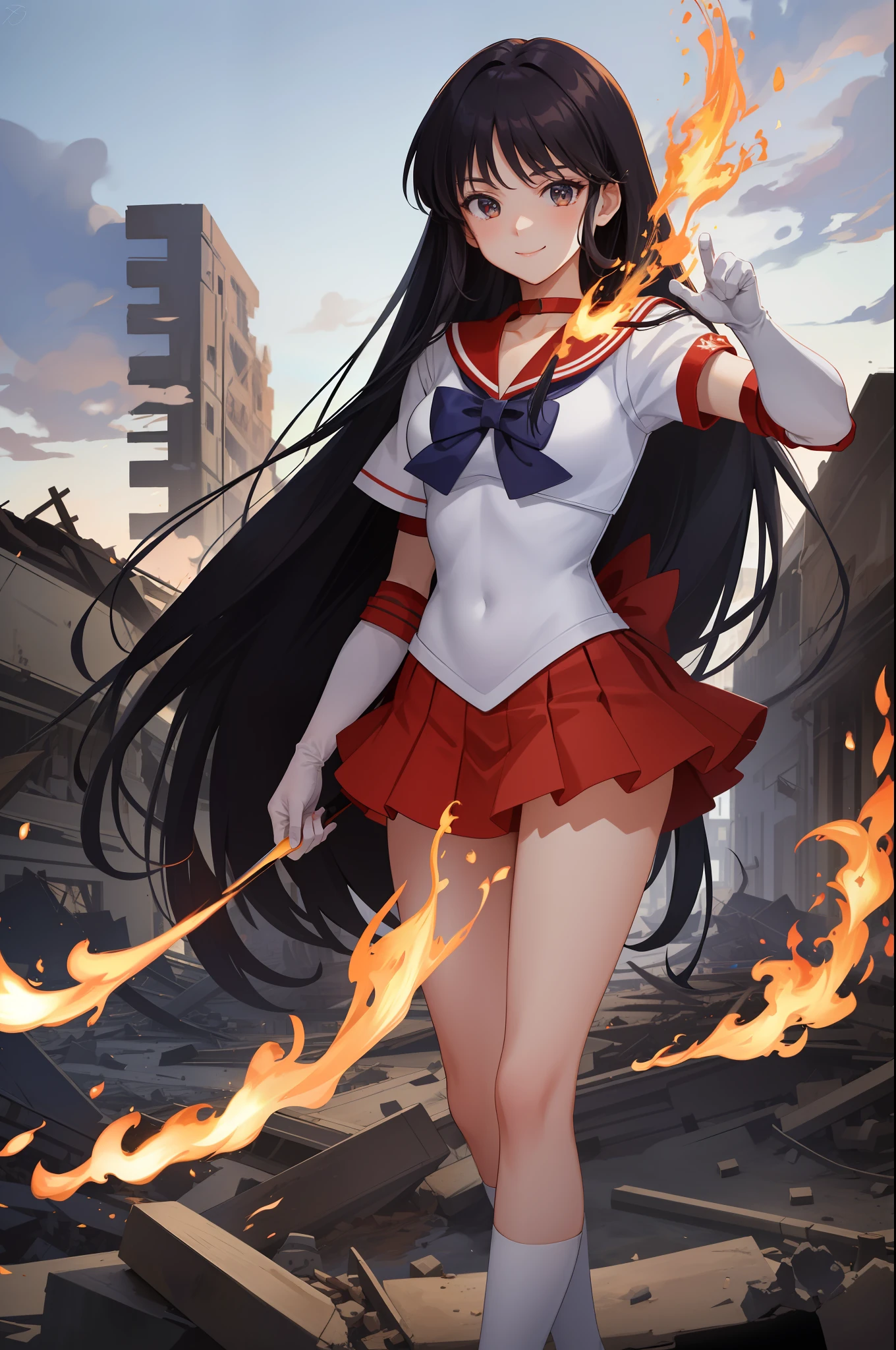 Masterpiece, best quality, absurdity, perfect anatomy, 1girl, solo, SMMars, very long hair, parted bangs, sailor warrior uniform, red sailor collar, red skirt, elbow gloves, standing, cowboy shooting, smile, cartoon flame in background, stylized background, giantess, destruction of the city, ruins, collapsed building, overlook