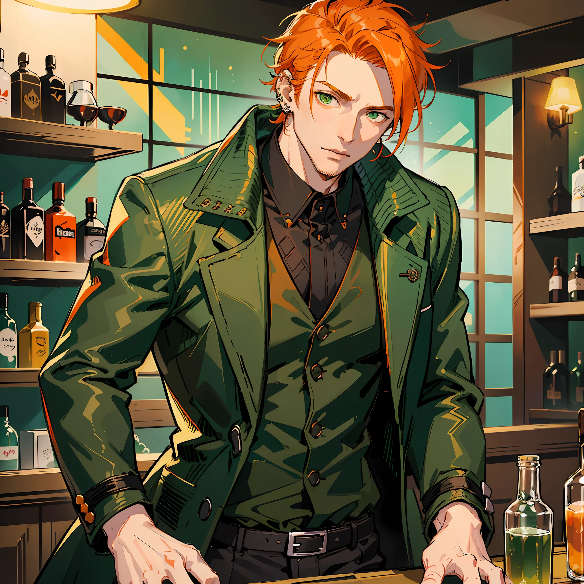 1 male bartender, handsome, male, adult male, older guy, broad shoulders, tall height, ((green eyes)), ((orange hair, hair tied), piercings, older face, adult, anime version, clothing with black coat, tall man, anime, clothing with black coat,showing the whole character, only one character, only one person, bartender