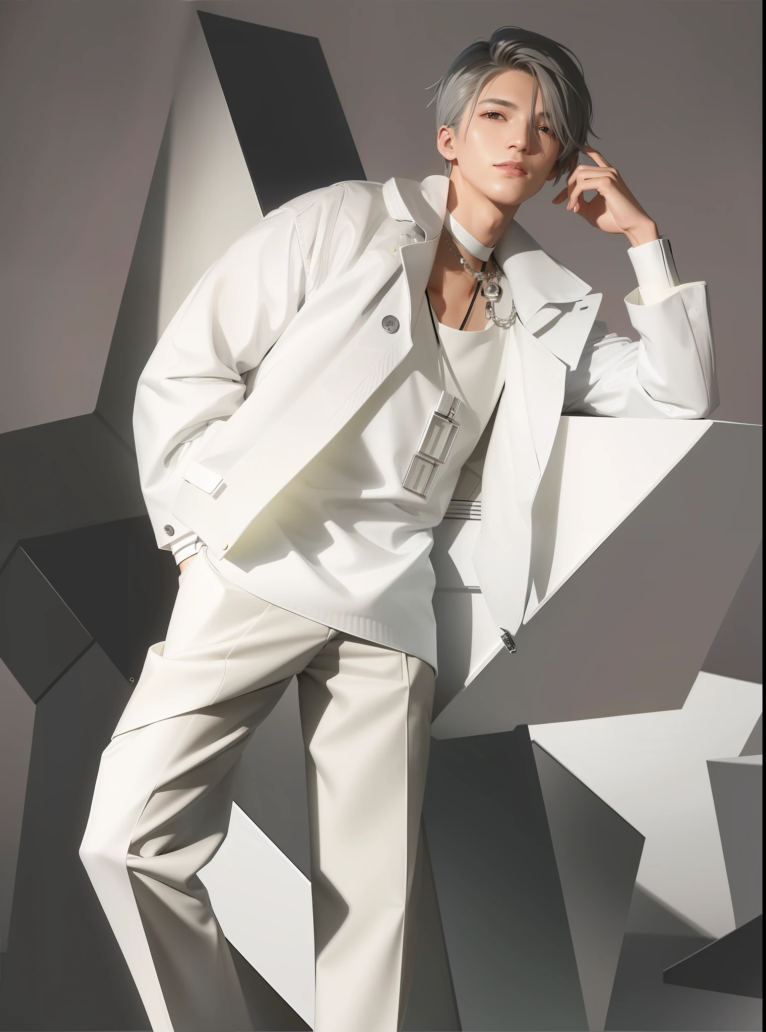 Man in white jacket leaning against star sculpture, Issey Miyake, Kaishkun, off-white style, official Vuitton editorial, Tadashi Nakayama, wearing futuristic white suit, official Dior editorial, official Jil Sander editorial, wear-white style, editorial photography, Jimin, white clothes, silver hair, portrait photo --auto --s2